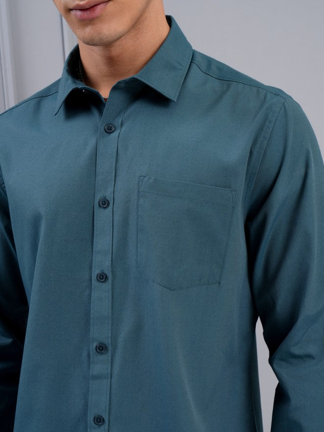 Highlander Men Teal Solid Slim Fit Casual Shirt - Teal - Image 5