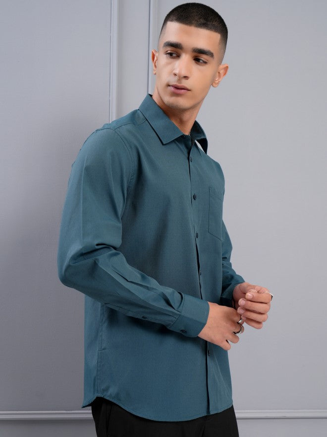 Highlander Men Teal Solid Slim Fit Casual Shirt - Teal - Image 6