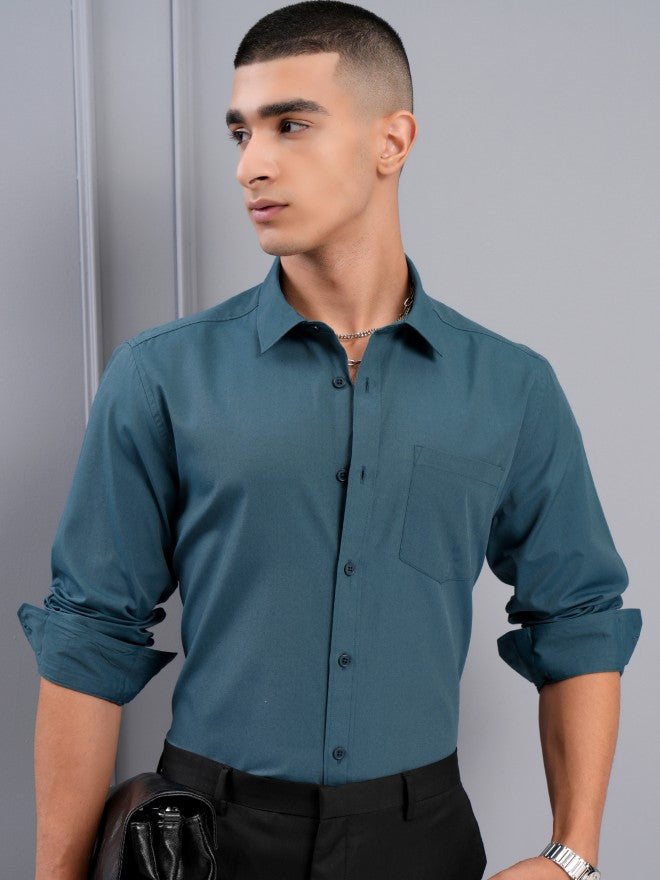 Highlander Men Teal Solid Slim Fit Casual Shirt - Teal - Image 7