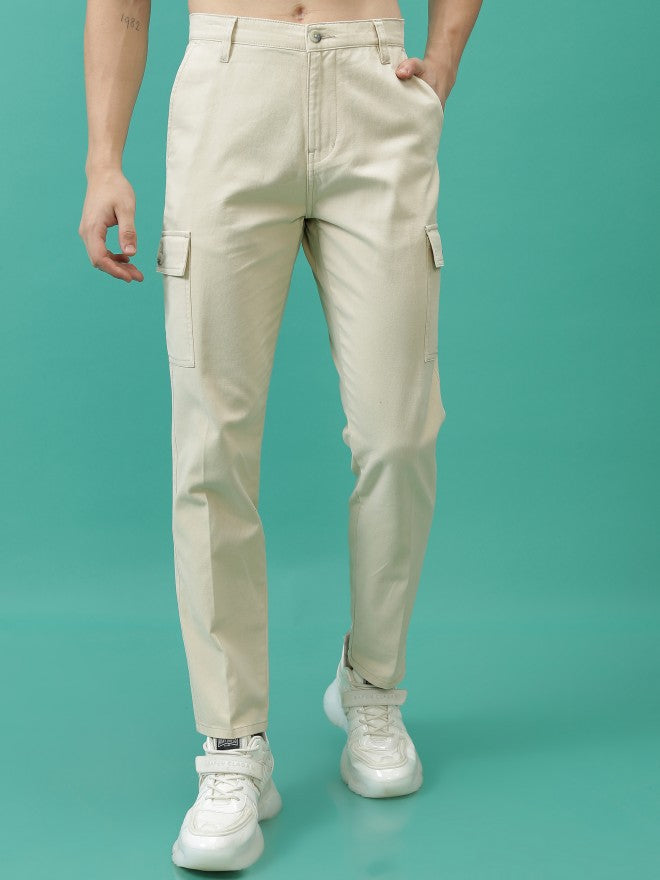 Purple By Highlander Men Beige Regular Fit Solid Cargo - Beige - Image 1