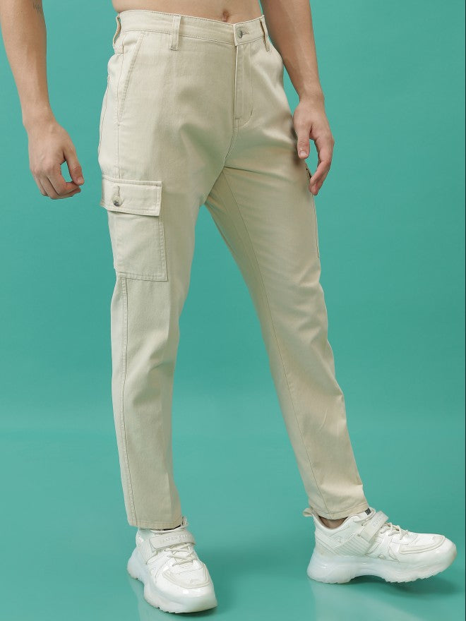 Purple By Highlander Men Beige Regular Fit Solid Cargo - Beige - Image 6