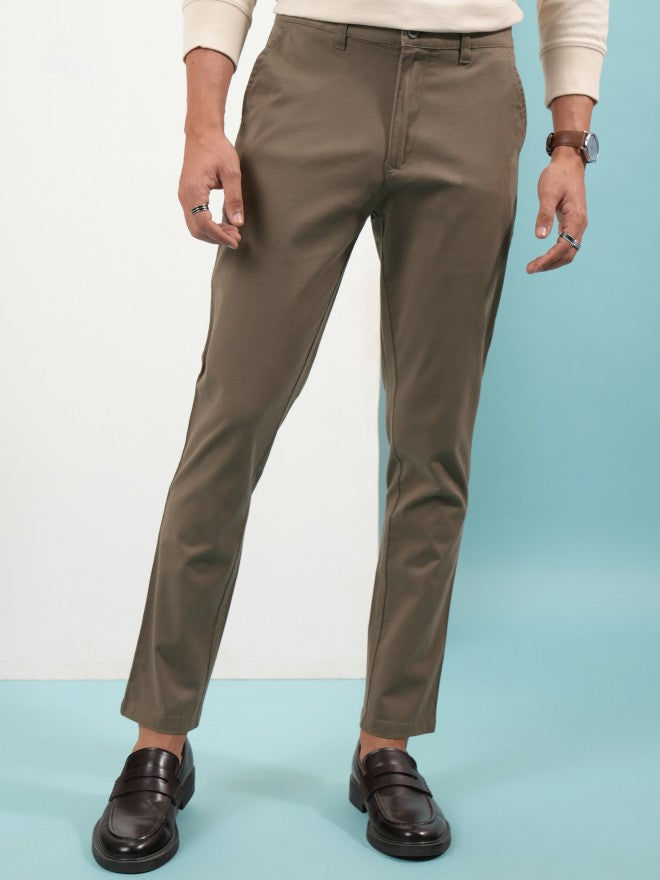 Purple By Highlander Men Taupe Slim Fit Solid Chinos - Taupe - Image 1