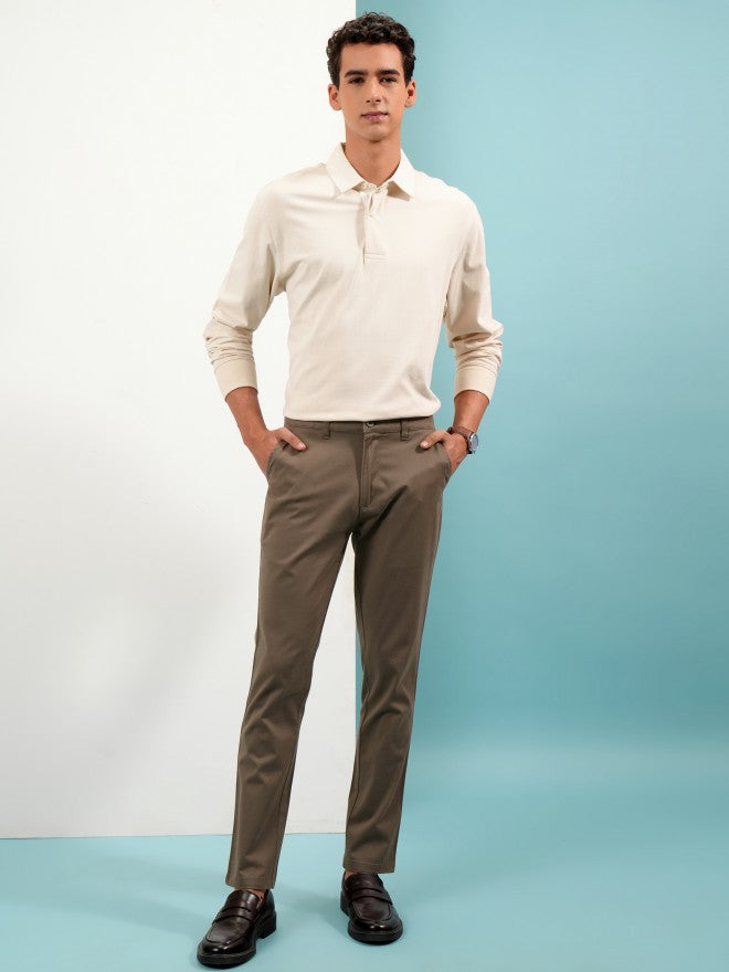 Purple By Highlander Men Taupe Slim Fit Solid Chinos - Taupe - Image 2