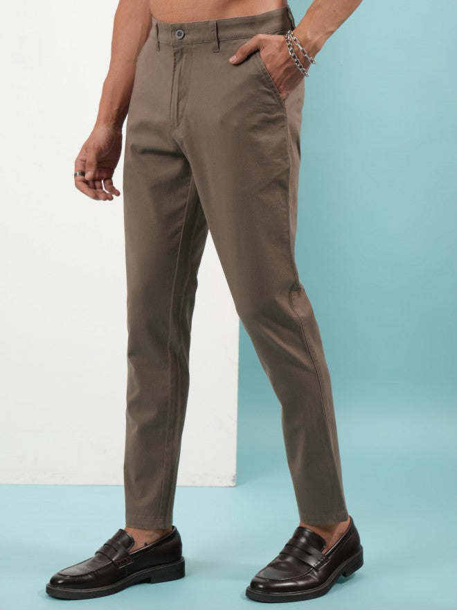 Purple By Highlander Men Taupe Slim Fit Solid Chinos - Taupe - Image 4