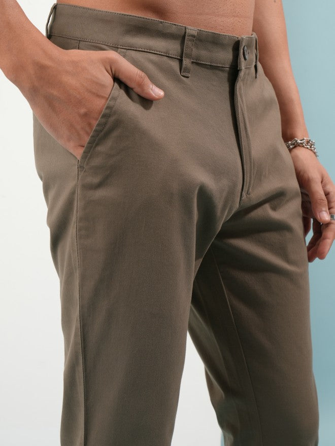 Purple By Highlander Men Taupe Slim Fit Solid Chinos - Taupe - Image 5
