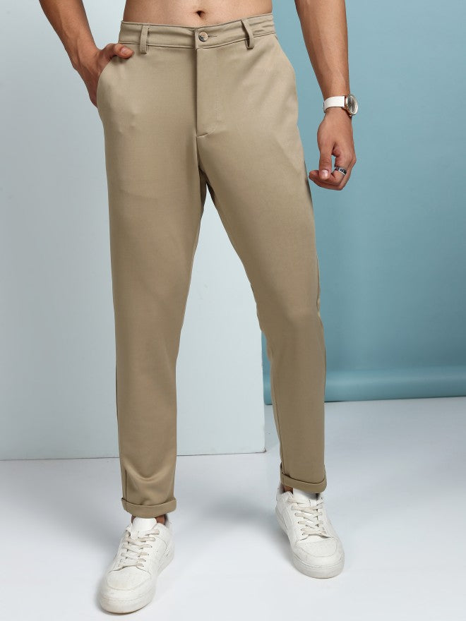 Purple By Highlander Men Beige Regular Fit Solid Chinos - Beige - Image 1