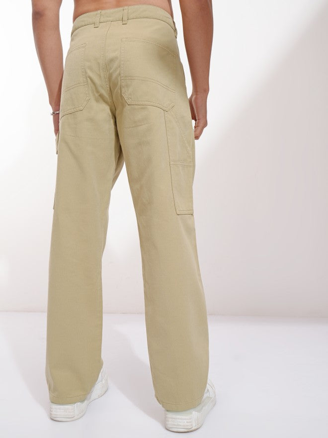 Purple By Highlander Men Beige Straight Fit Solid Cargo - Beige - Image 3
