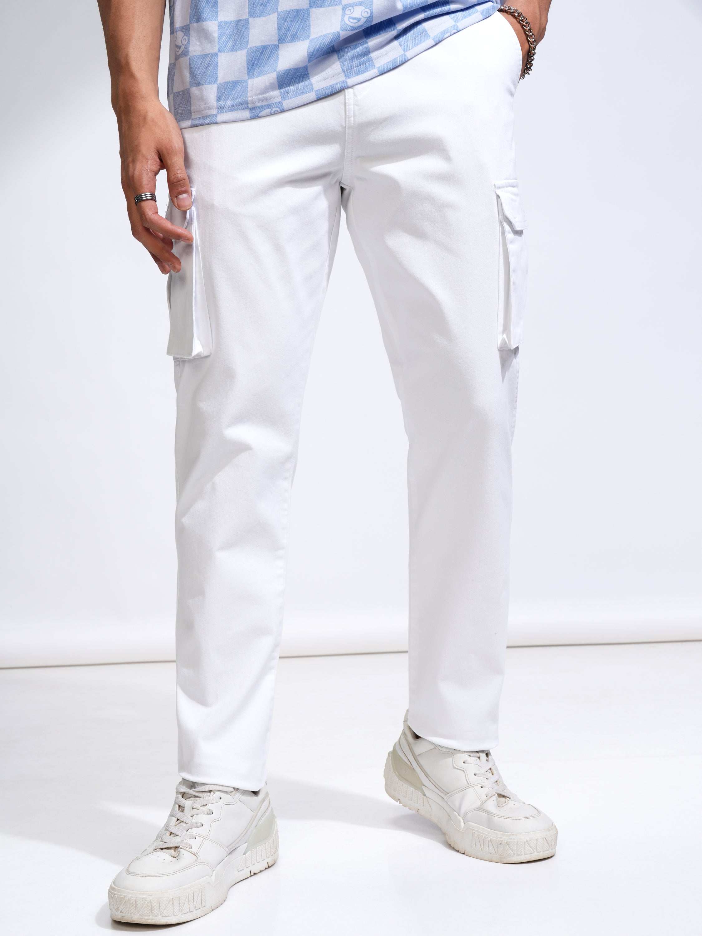 Purple By Highlander Men White Straight Fit Solid Cargo - White - Image 1