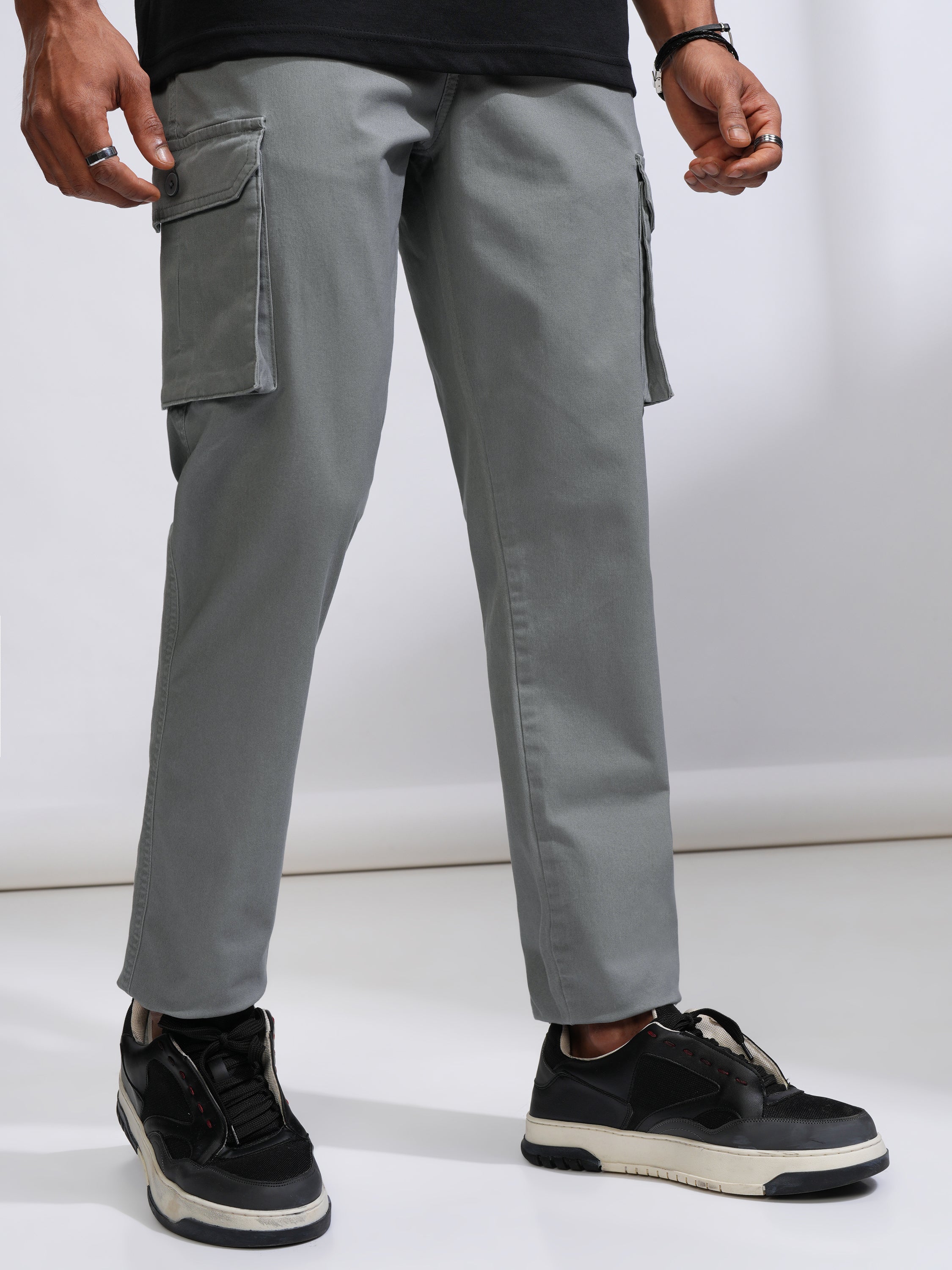 Purple By Highlander Men Grey Straight Fit Solid Cargo - Grey - Image 6
