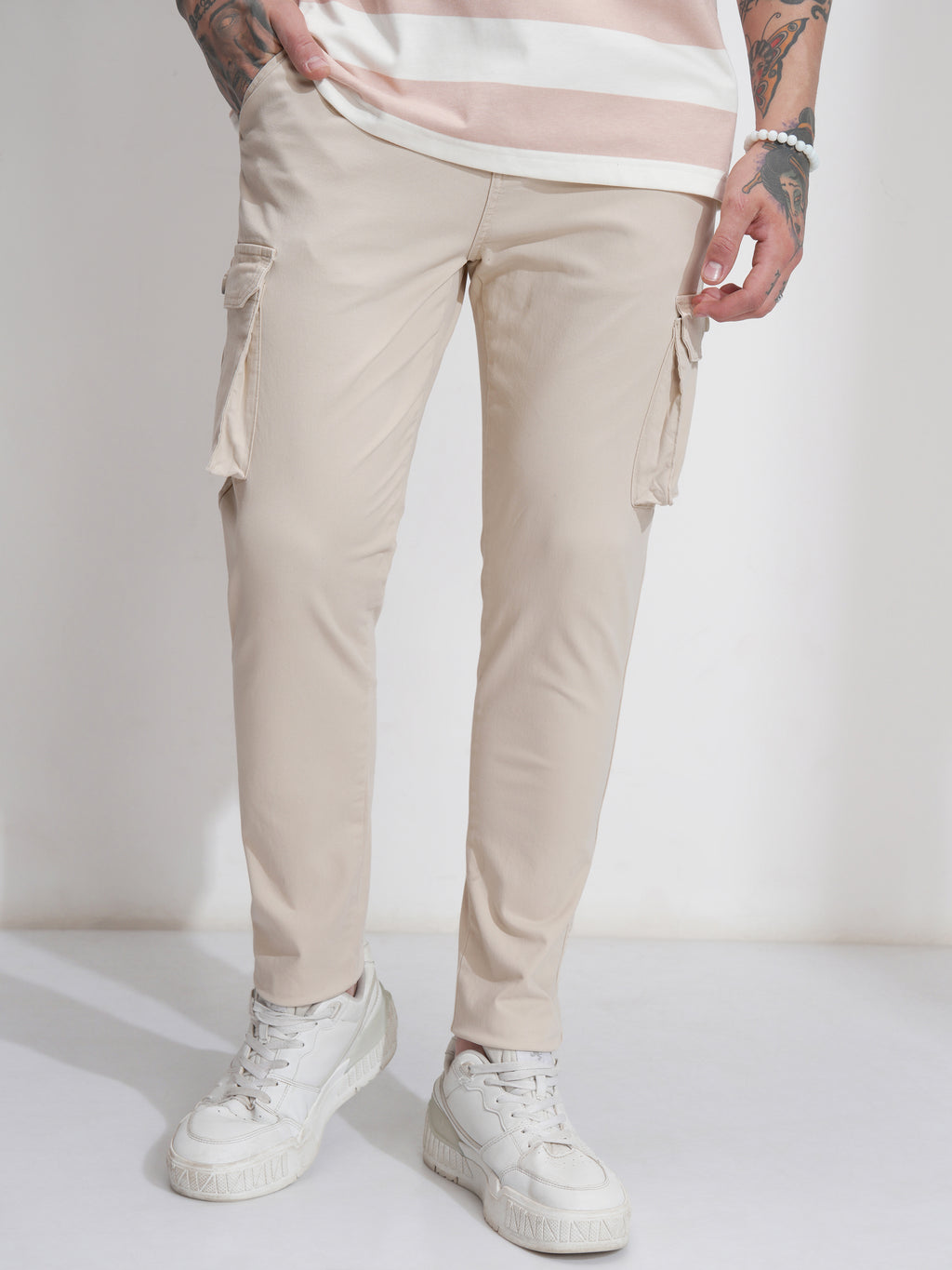 Purple By Highlander Men Beige Regular Fit Solid Cargo - Beige - Image 1