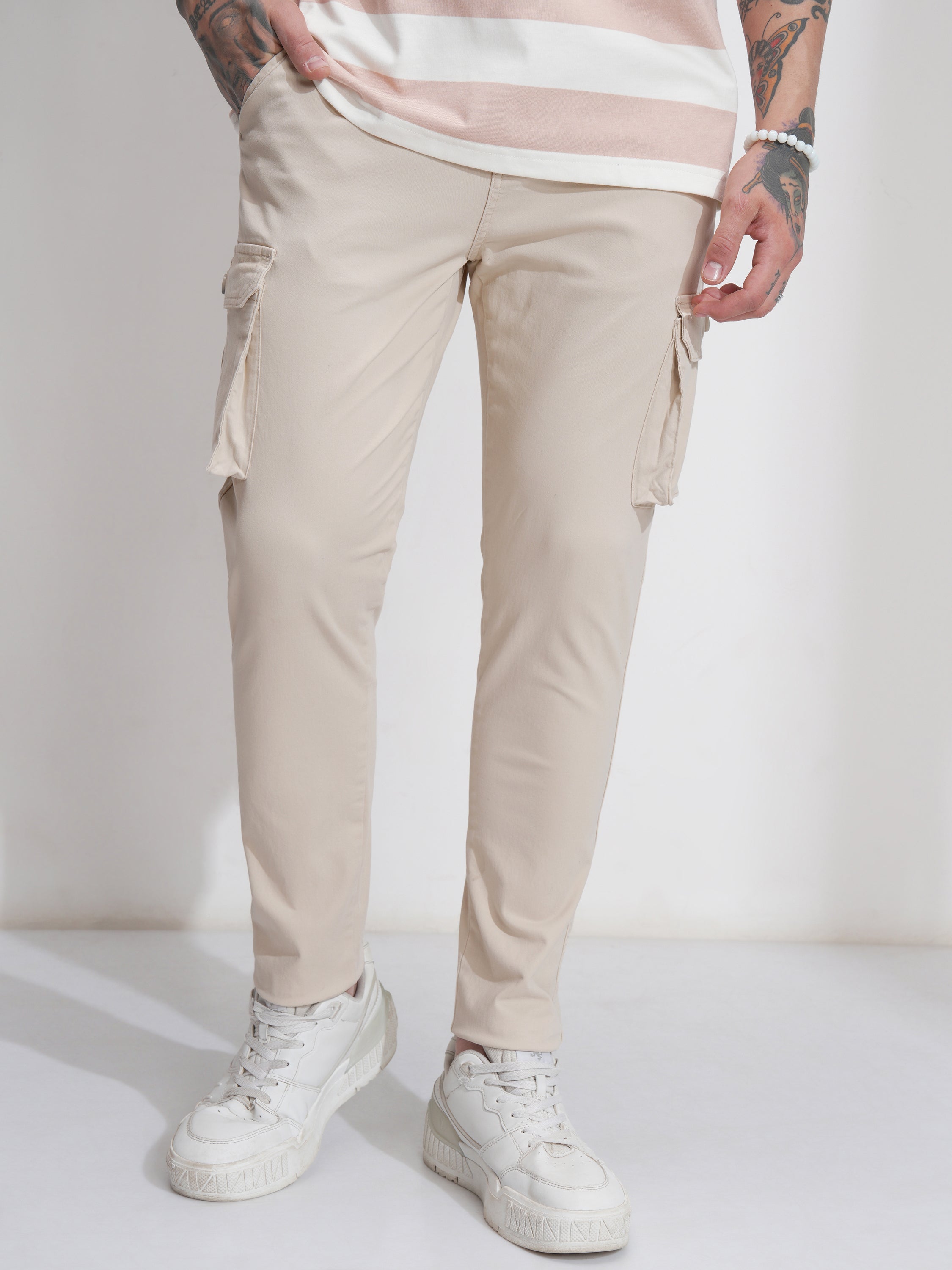 Purple By Highlander Men Beige Regular Fit Solid Cargo - Beige - Image 1