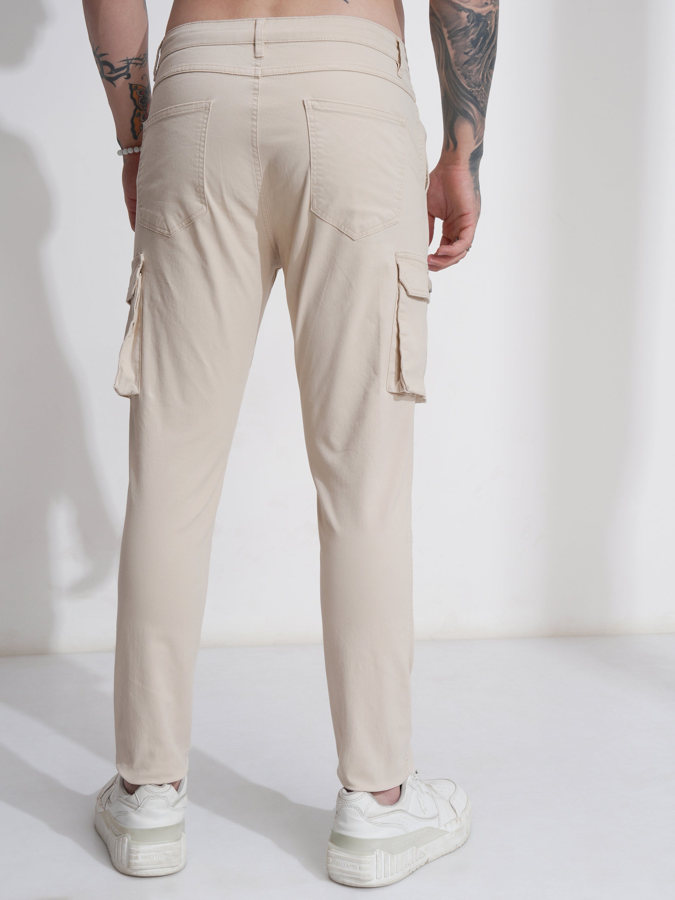 Purple By Highlander Men Beige Regular Fit Solid Cargo - Beige - Image 3