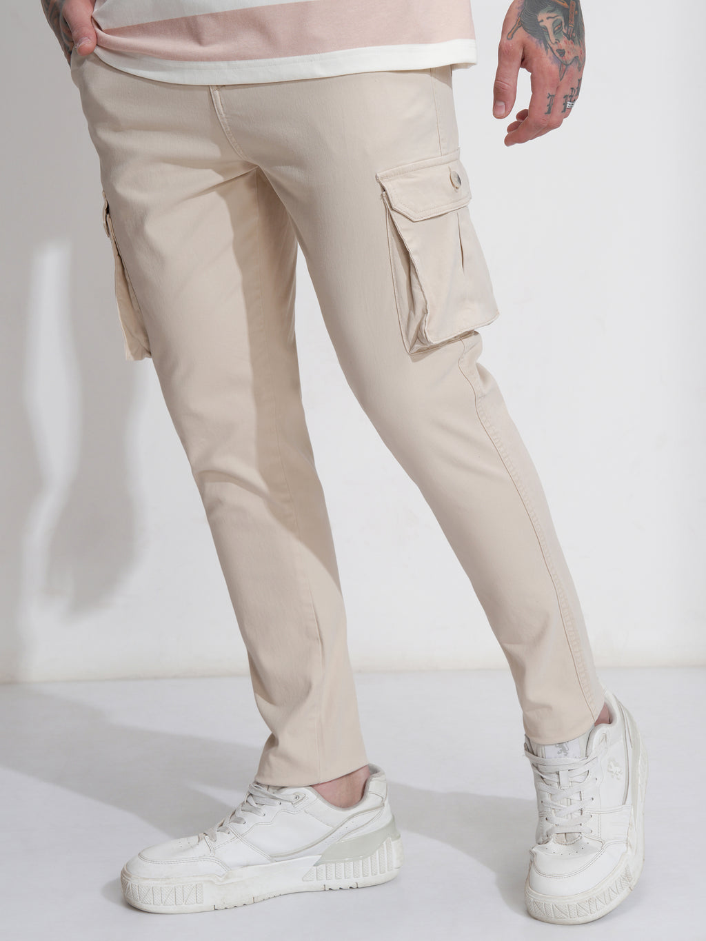 Purple By Highlander Men Beige Regular Fit Solid Cargo - Beige - Image 4