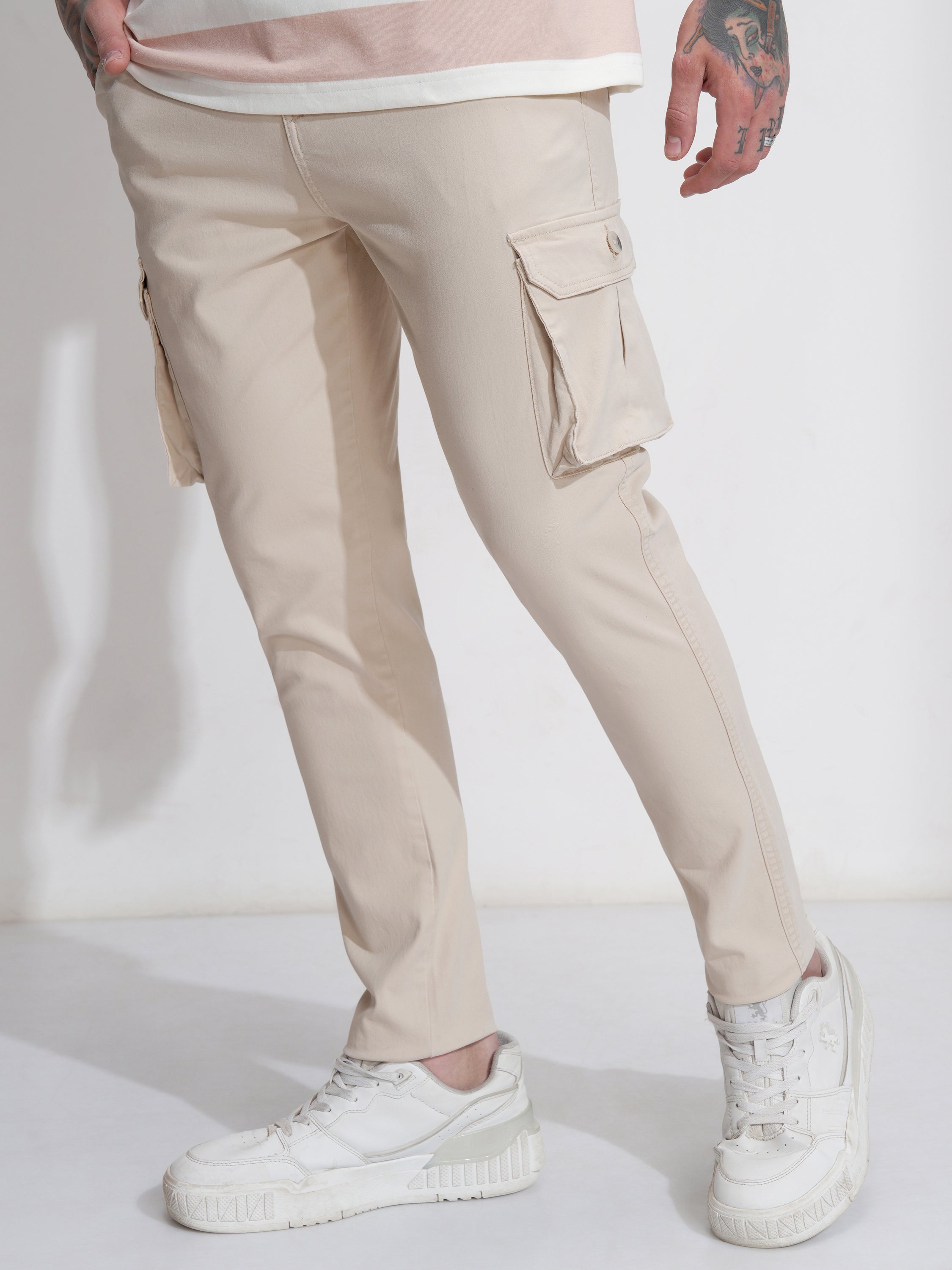 Purple By Highlander Men Beige Regular Fit Solid Cargo - Beige - Image 4