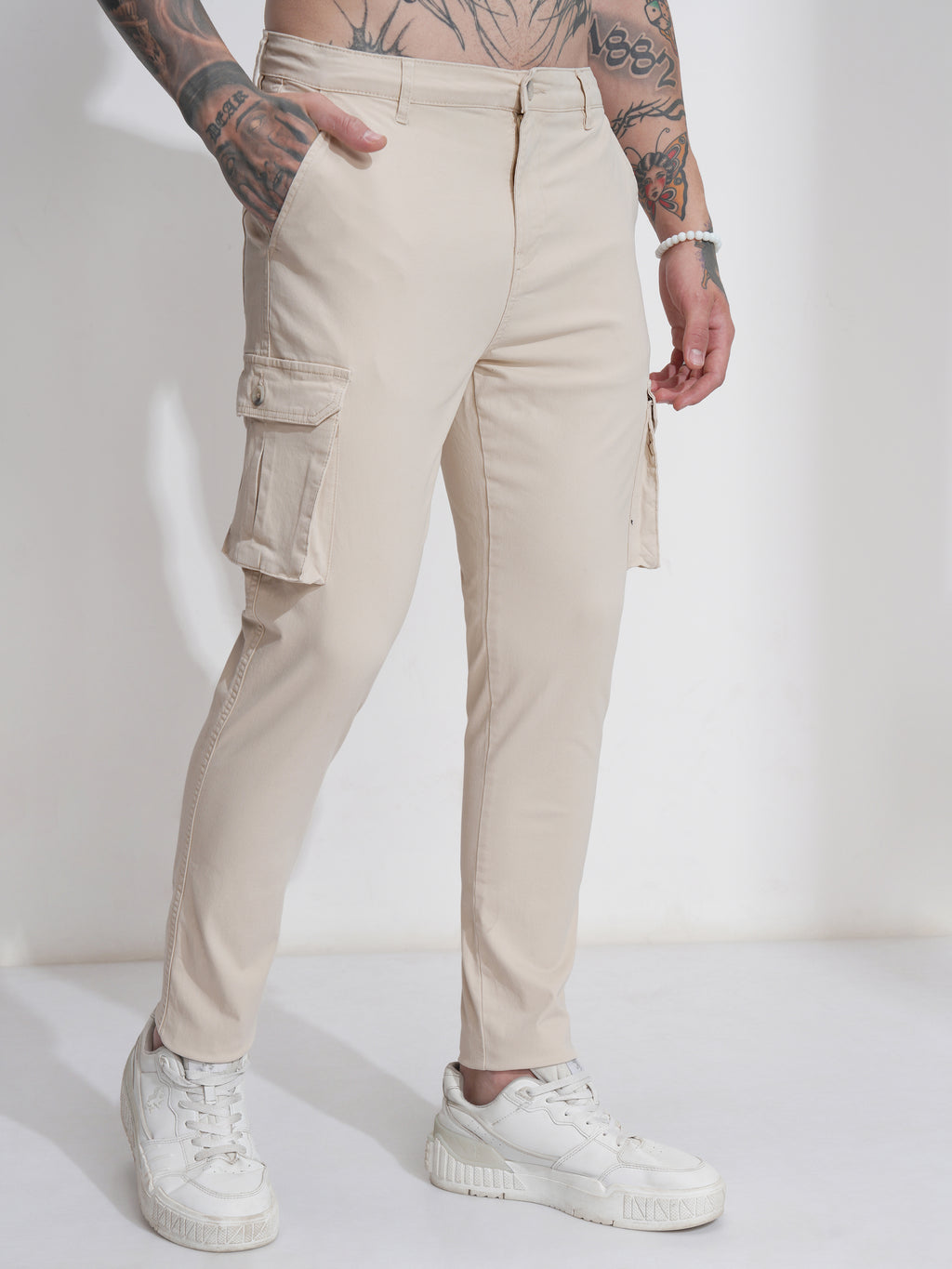 Purple By Highlander Men Beige Regular Fit Solid Cargo - Beige - Image 6