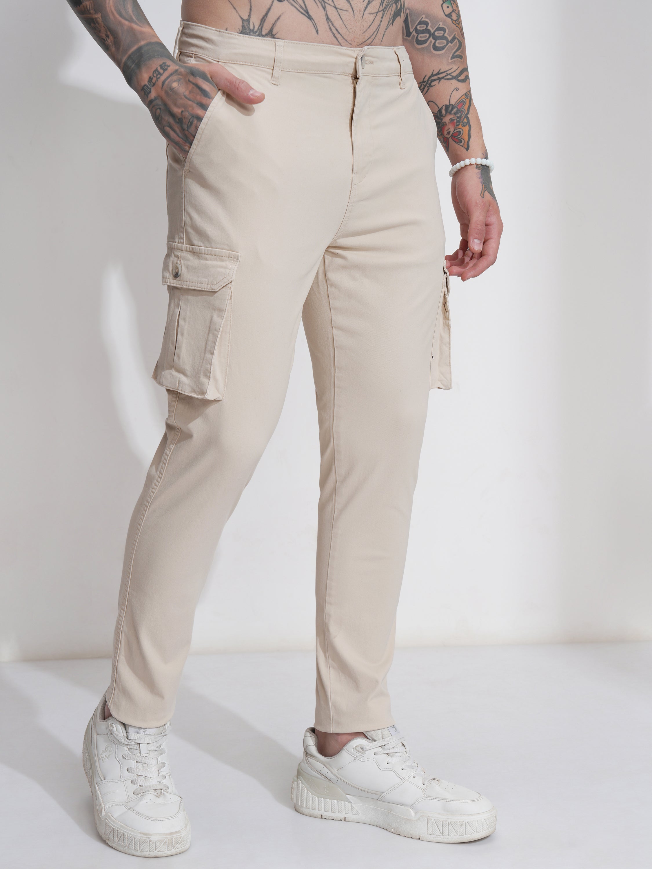 Purple By Highlander Men Beige Regular Fit Solid Cargo - Beige - Image 6