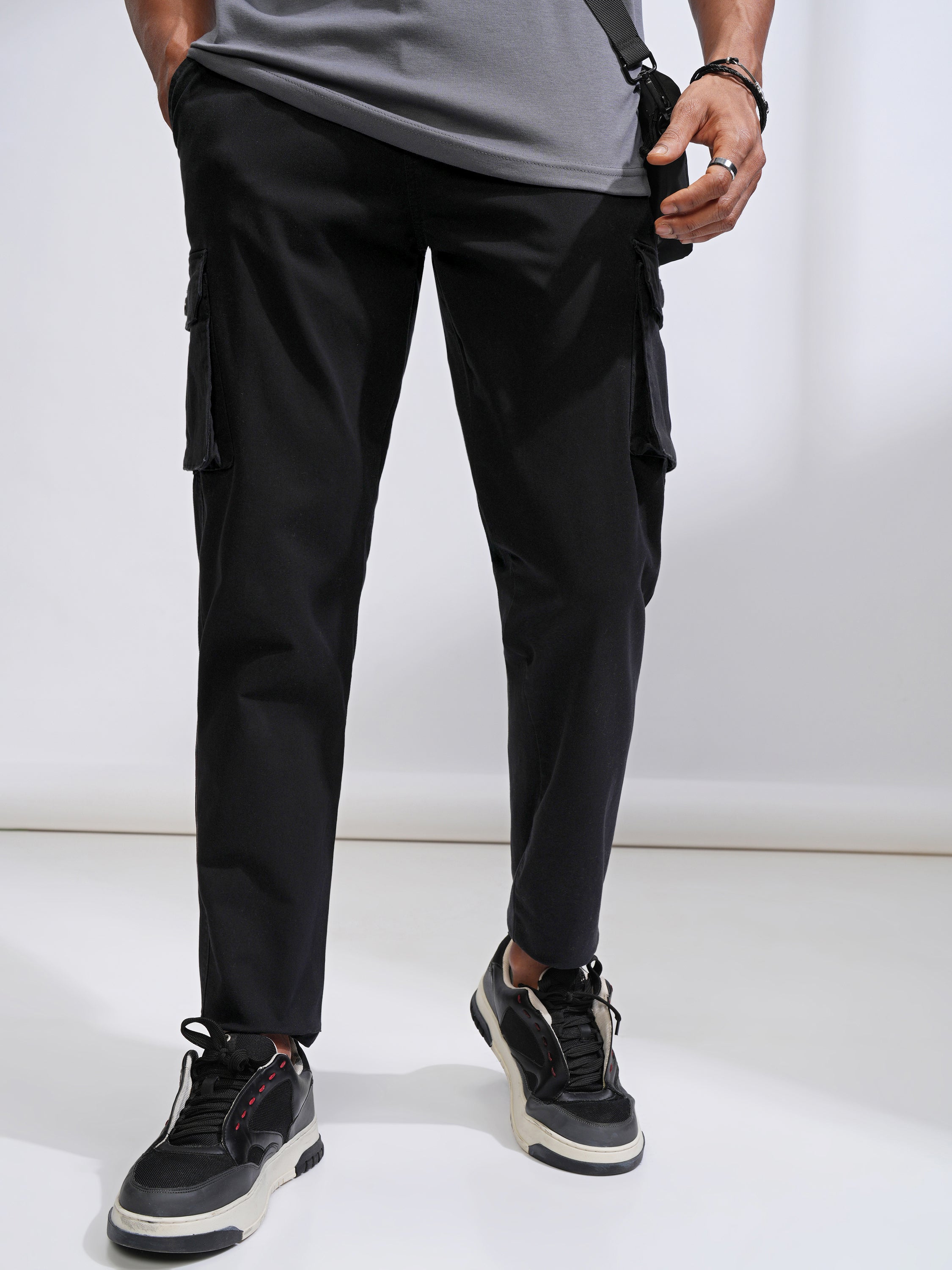 Purple By Highlander Men Black Straight Fit Solid Cargo - Black - Image 1
