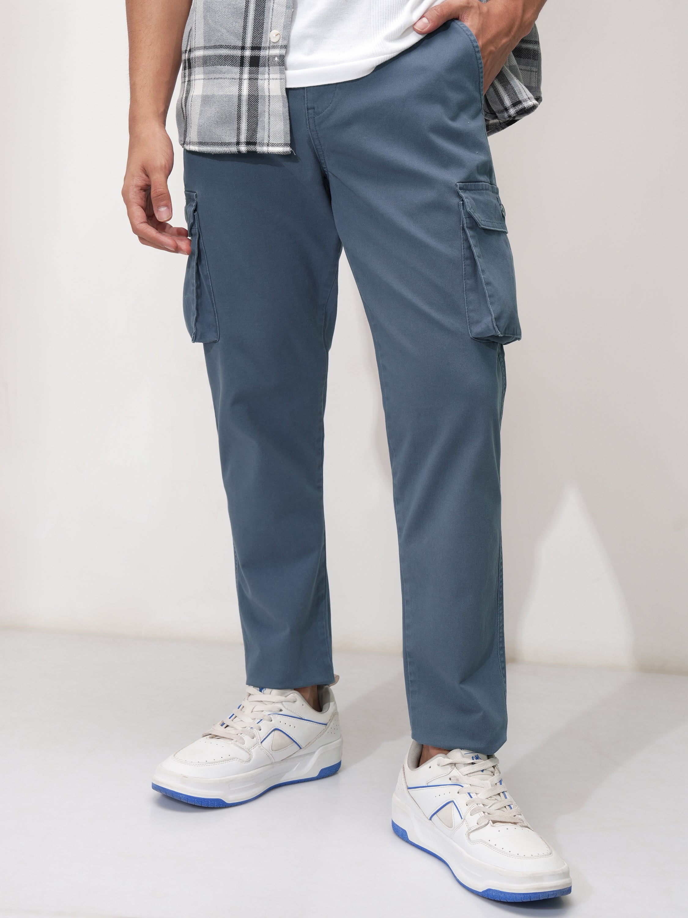 Purple By Highlander Men Blue Tapered Fit Solid Cargo - Blue - Image 1