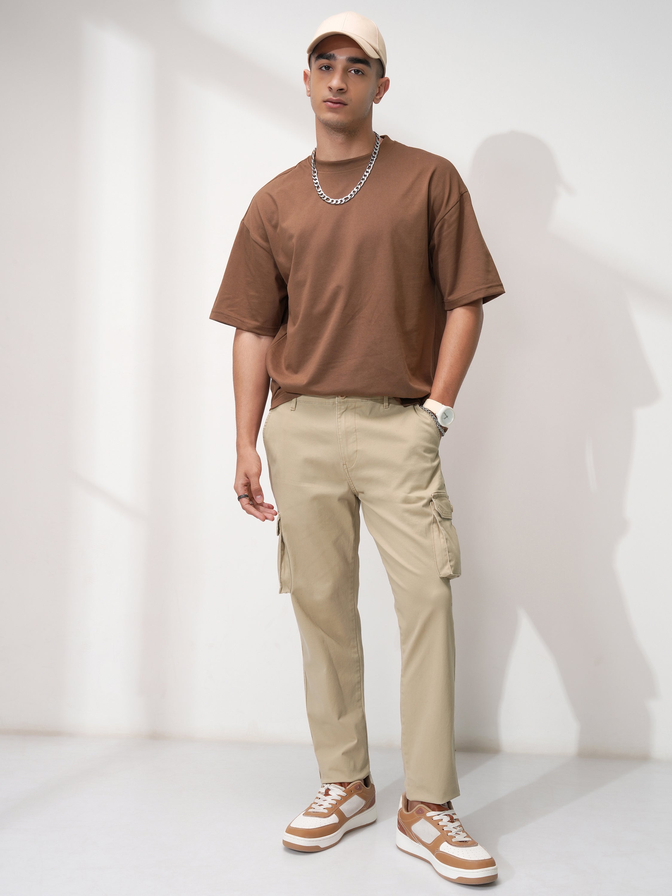 Purple By Highlander Men Khaki Tapered Fit Solid Cargo - Khaki - Image 2