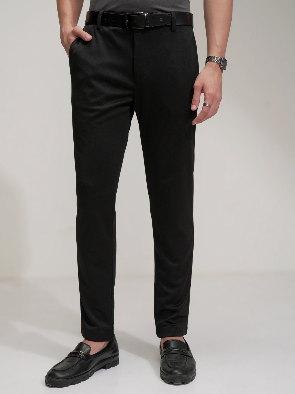Purple By Highlander Men Black Regular Fit Solid Chinos - Black - Image 1