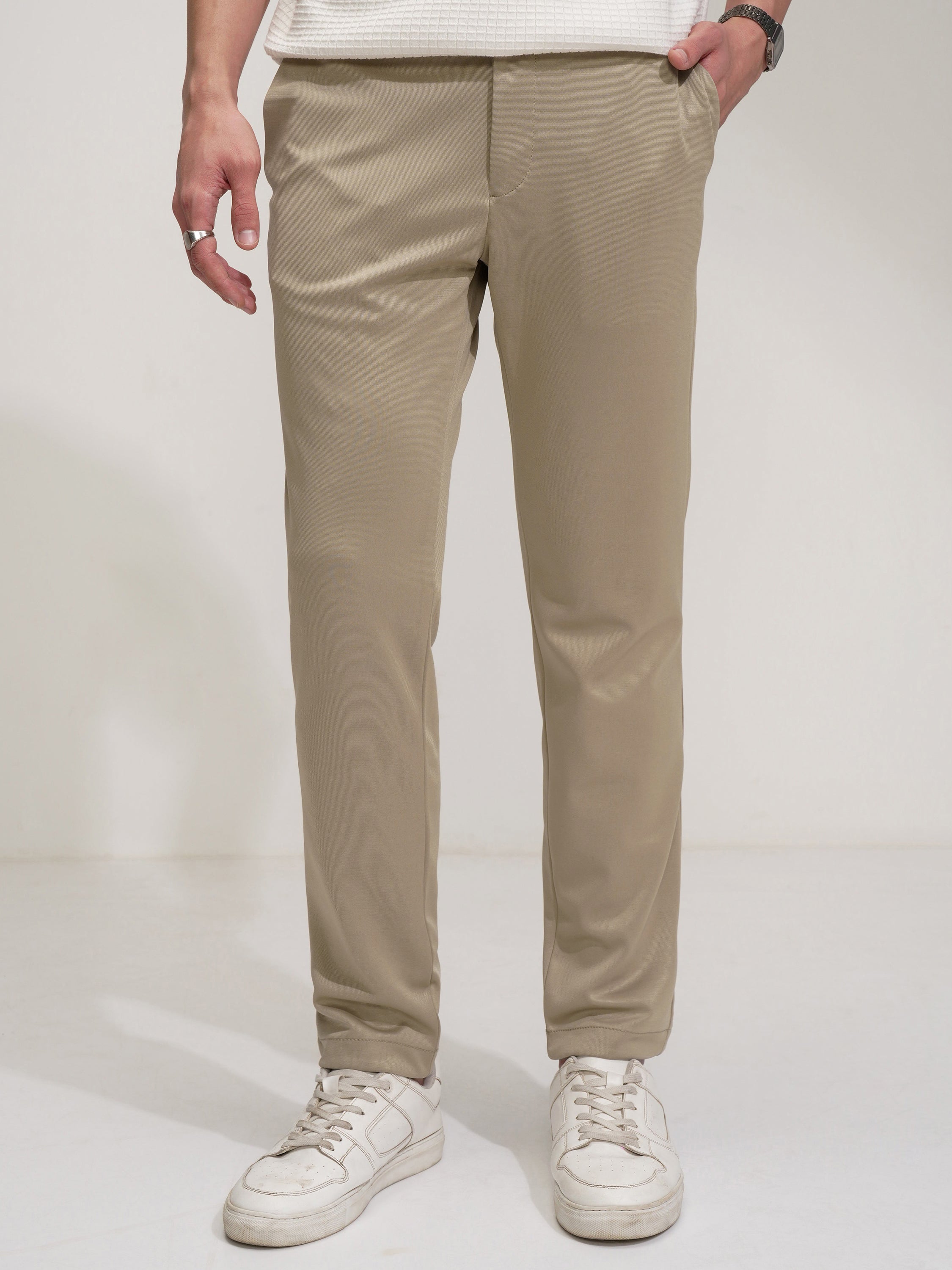 Purple By Highlander Men Beige Regular Fit Solid Chinos - Beige - Image 1