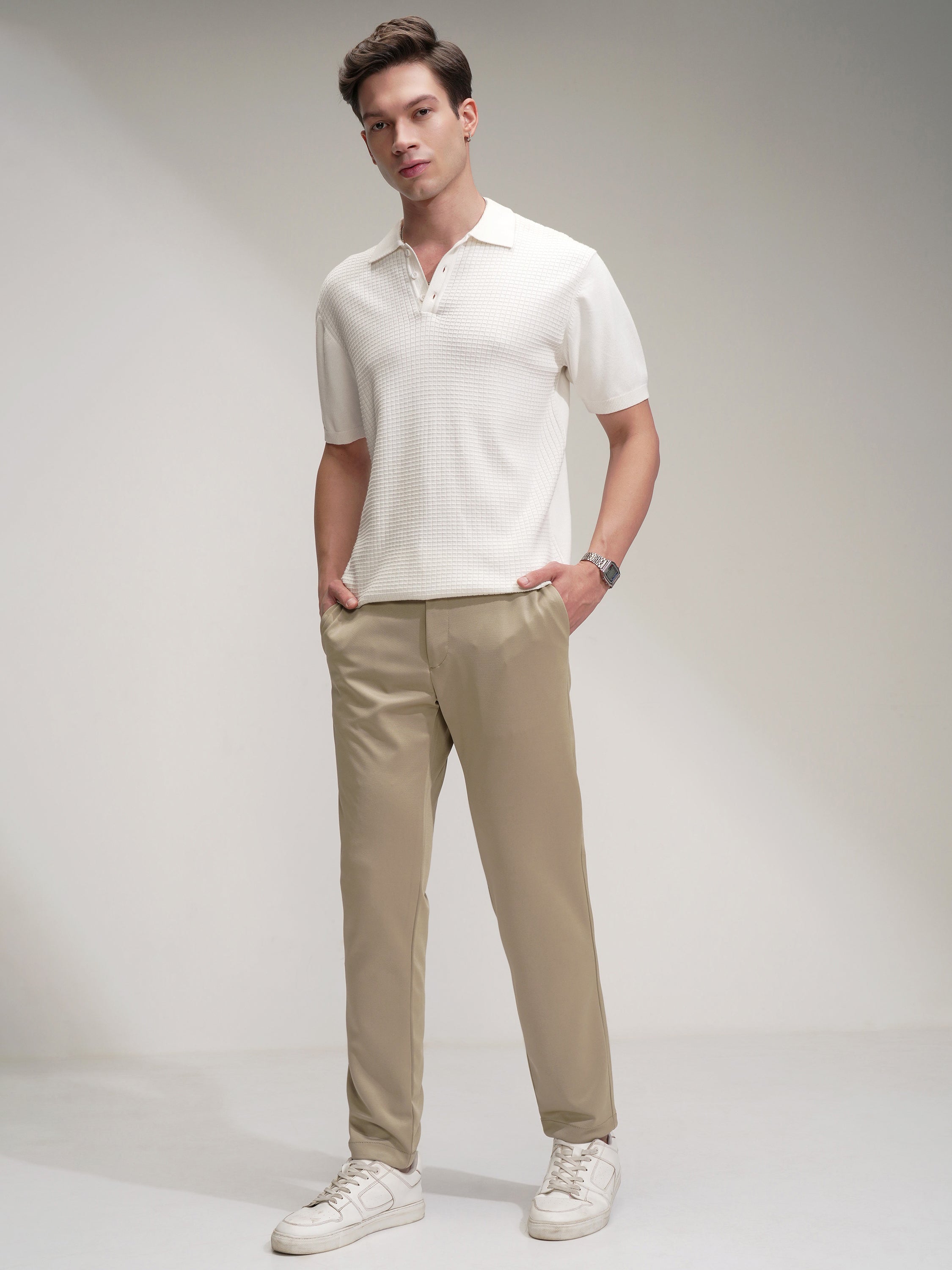 Purple By Highlander Men Beige Regular Fit Solid Chinos - Beige - Image 2
