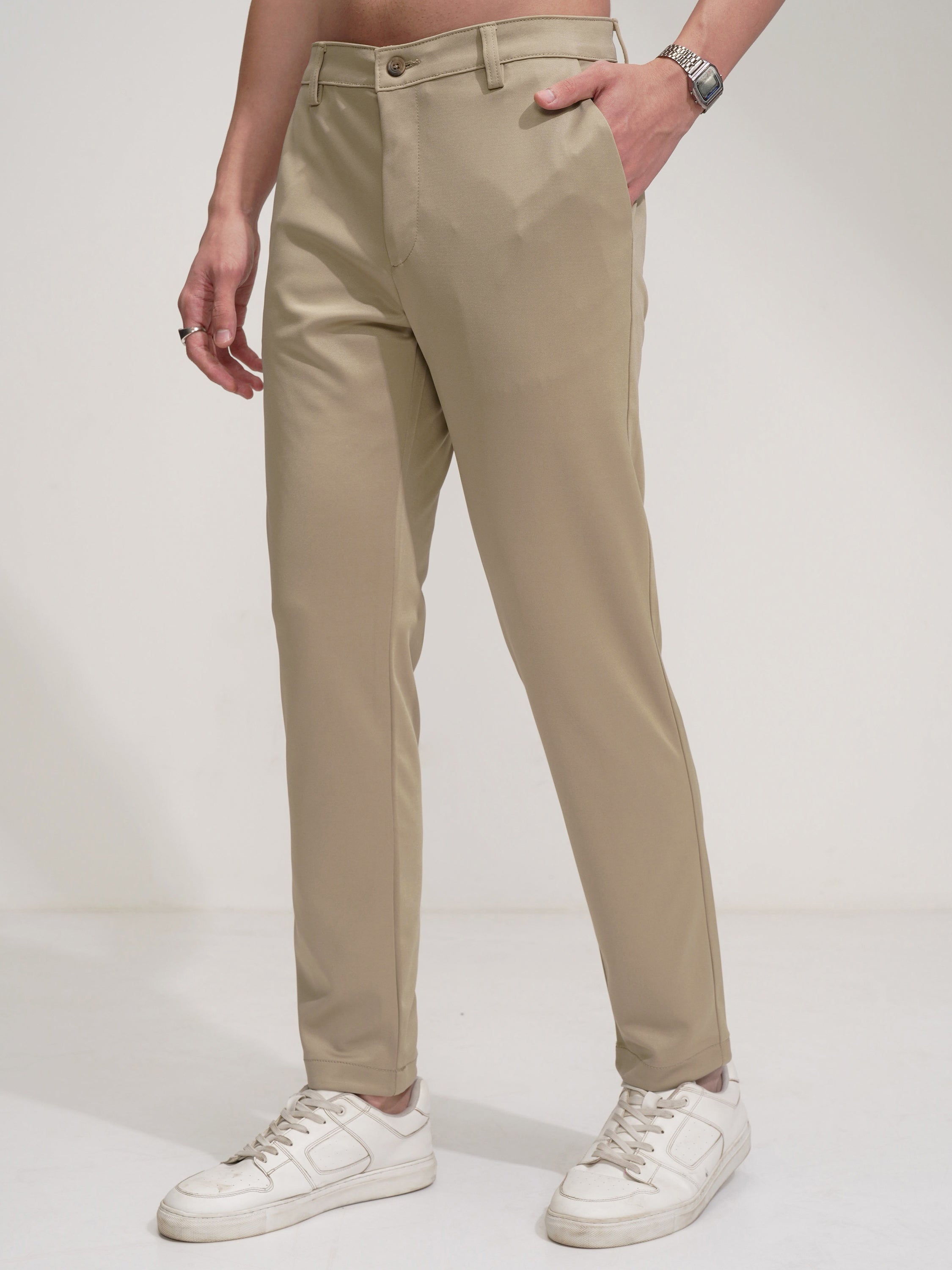 Purple By Highlander Men Beige Regular Fit Solid Chinos - Beige - Image 4