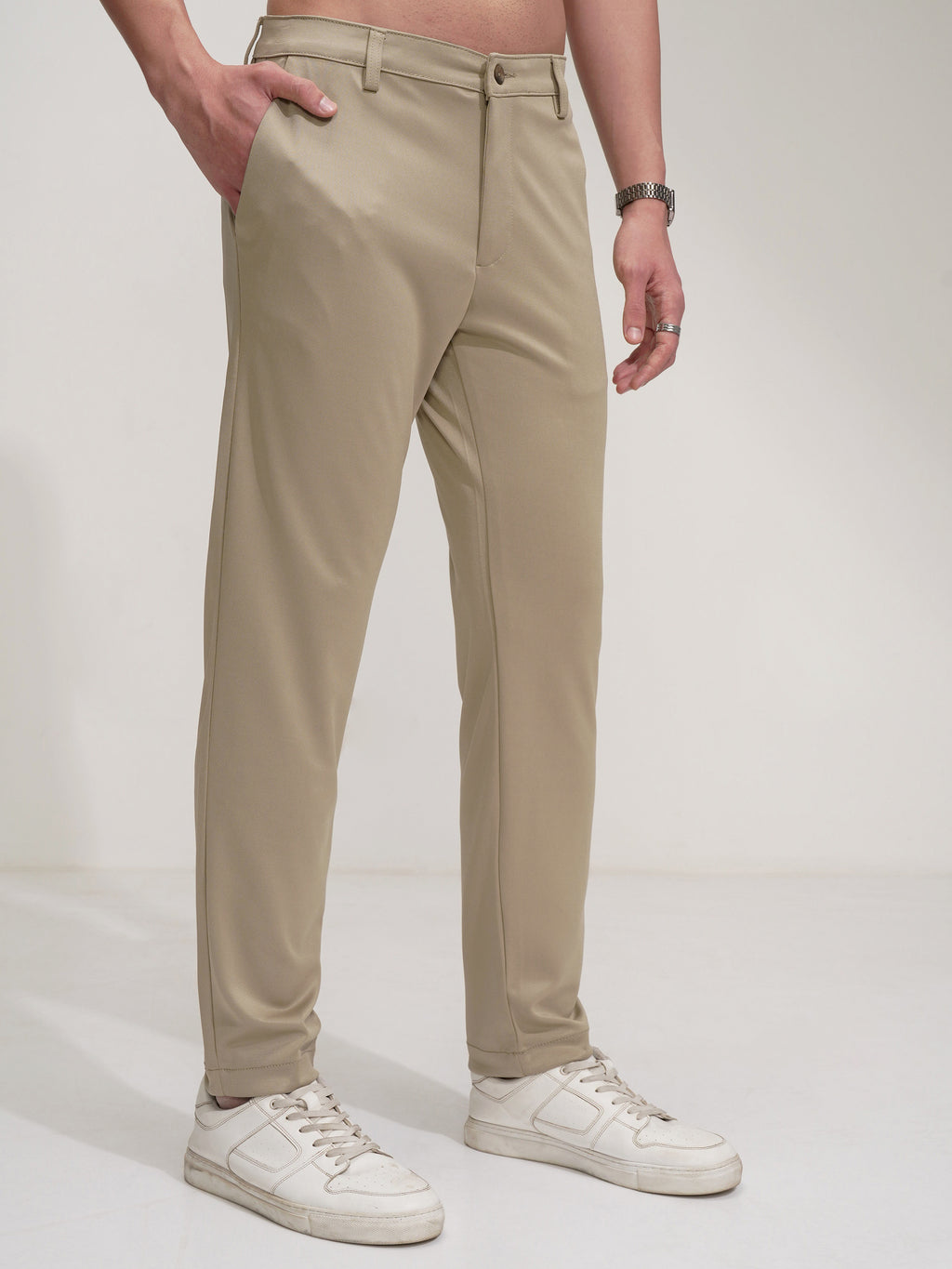 Purple By Highlander Men Beige Regular Fit Solid Chinos - Beige - Image 6