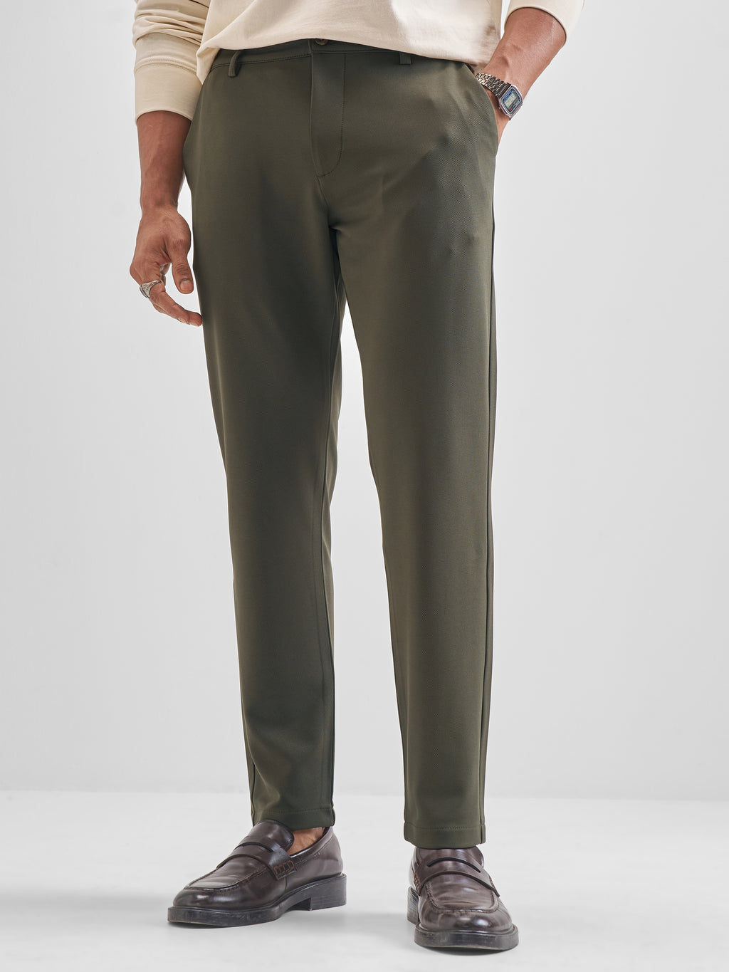 Purple By Highlander Men Green Tapered Fit Solid Chinos - Green - Image 1