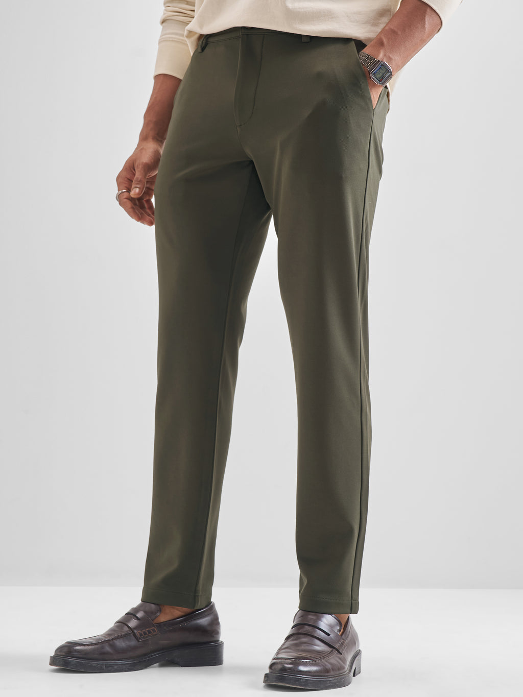Purple By Highlander Men Green Tapered Fit Solid Chinos - Green - Image 4