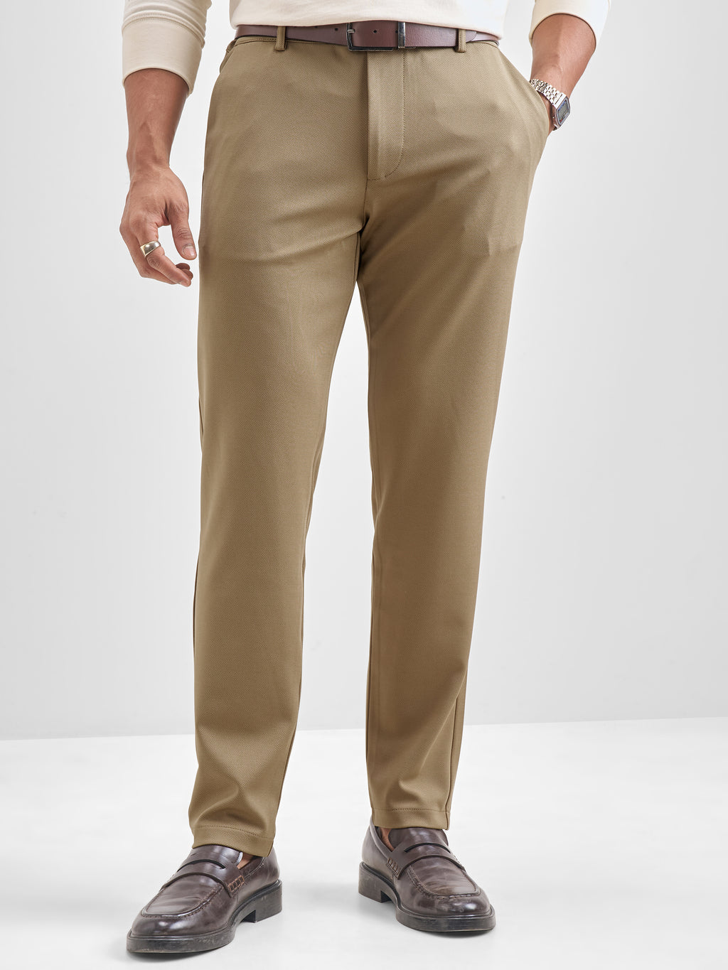 Purple By Highlander Men Brown Slim Fit Solid Chinos - Brown - Image 1