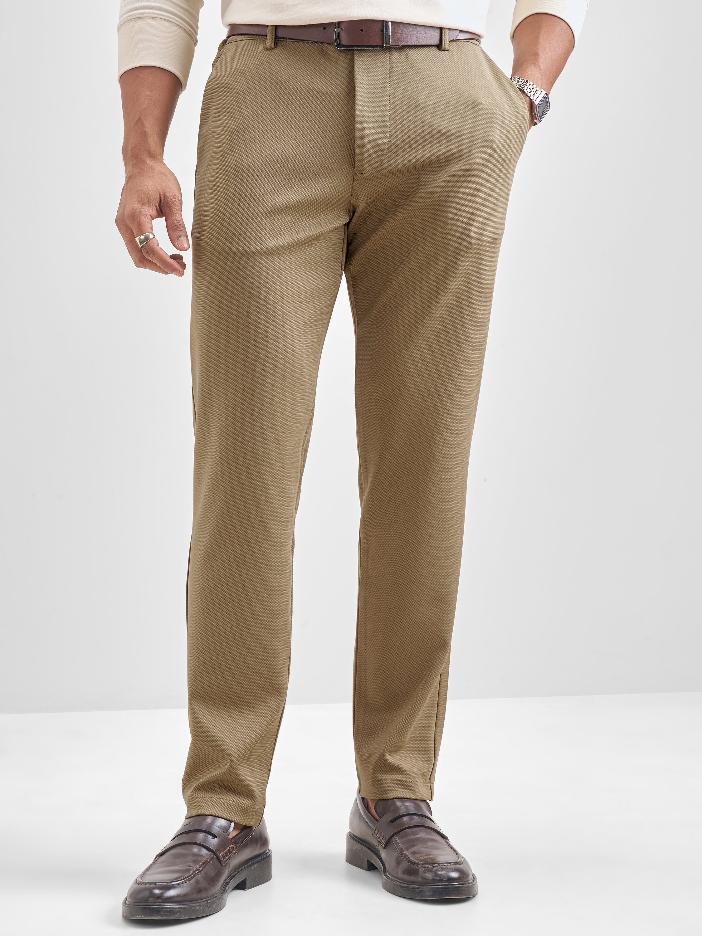 Purple By Highlander Men Brown Slim Fit Solid Chinos - Brown - Image 1