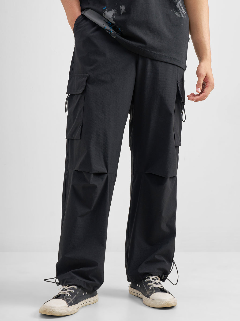 Purple By Highlander Men Black Baggy Fit Solid Cargos - Black - Image 1