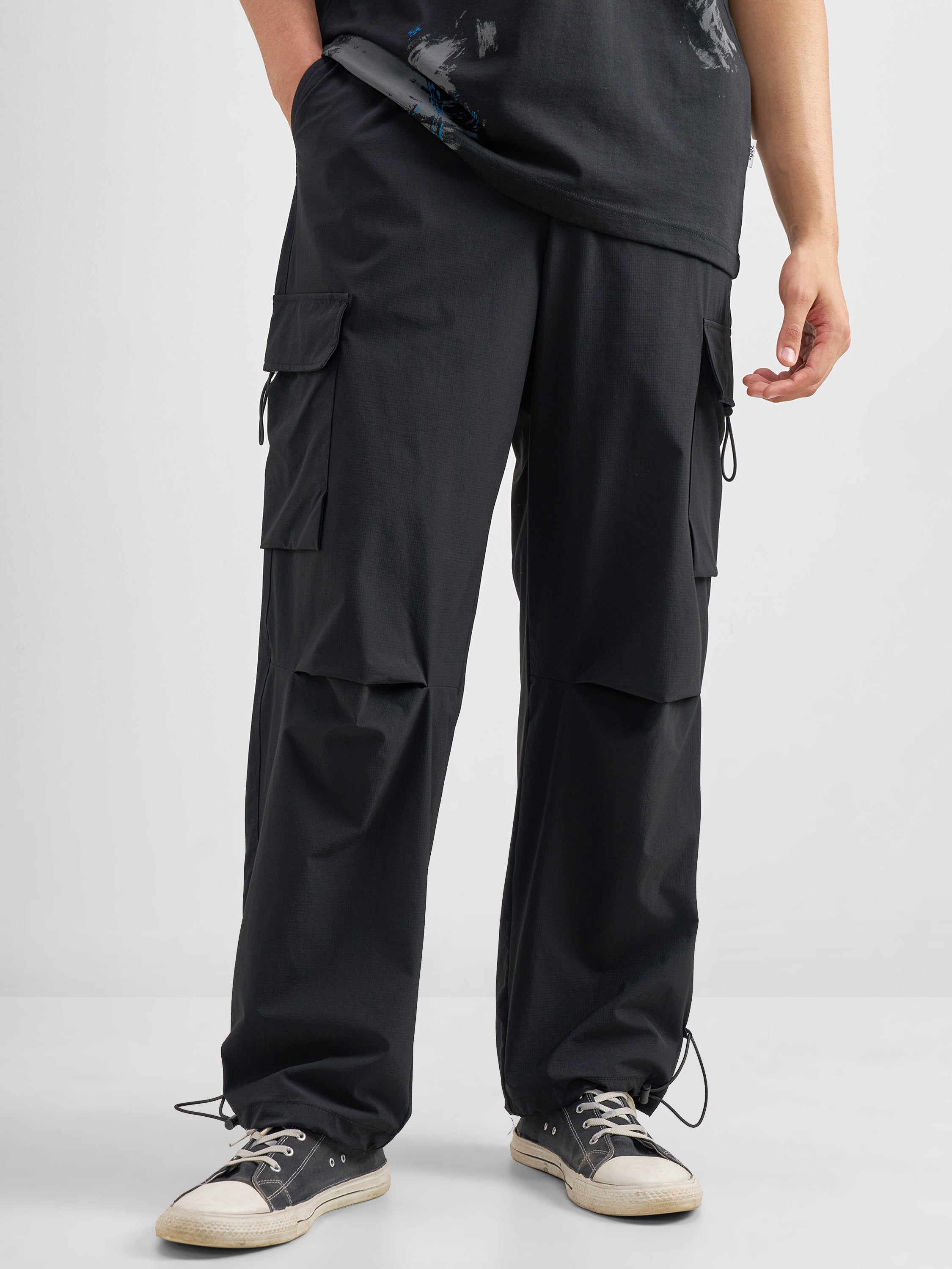 Purple By Highlander Men Black Baggy Fit Solid Cargos - Black - Image 1
