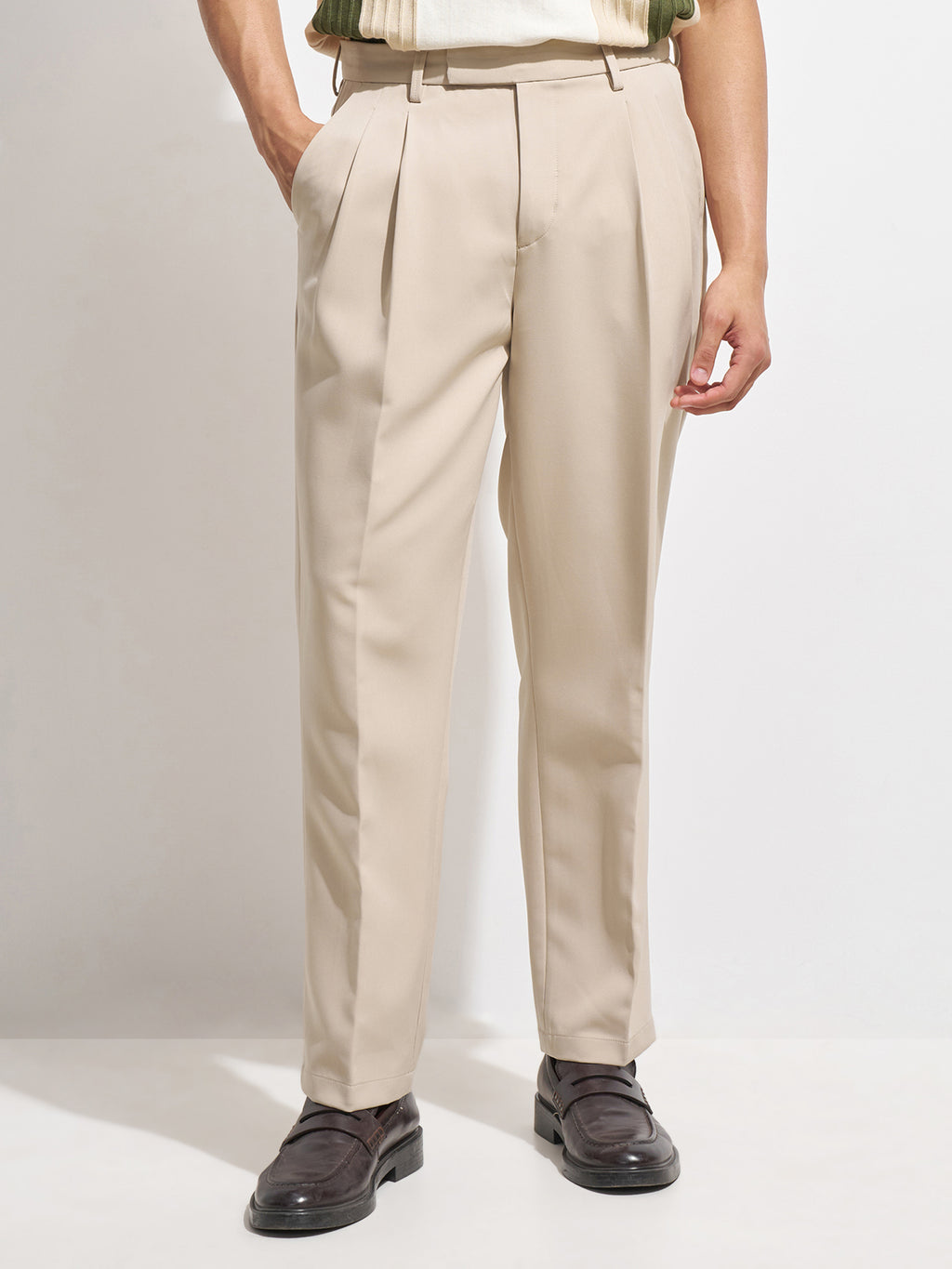 Purple By Highlander Men Beige Tapered Fit Solid Formal Trouser