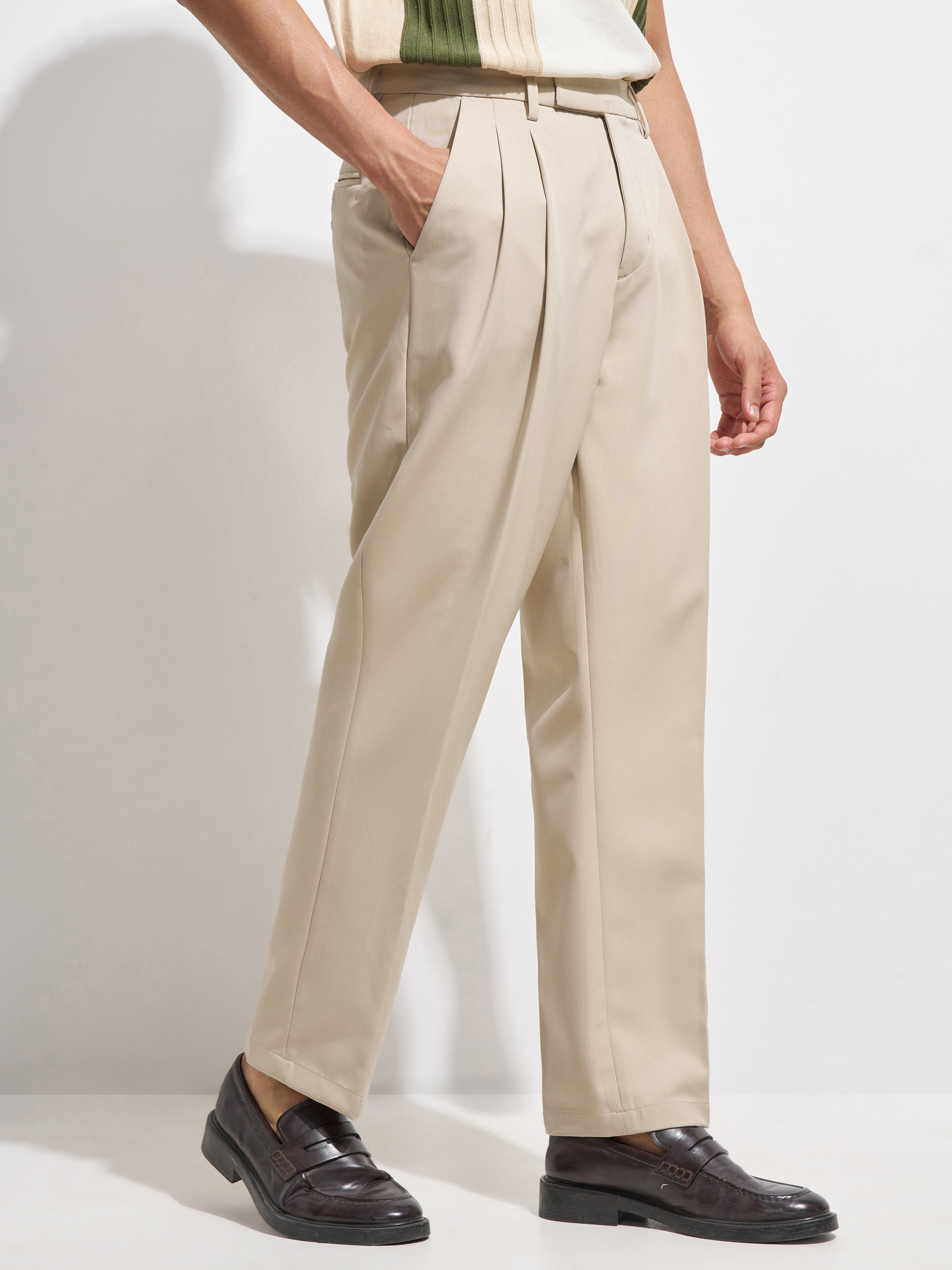 Purple By Highlander Men Beige Tapered Fit Solid Formal Trouser