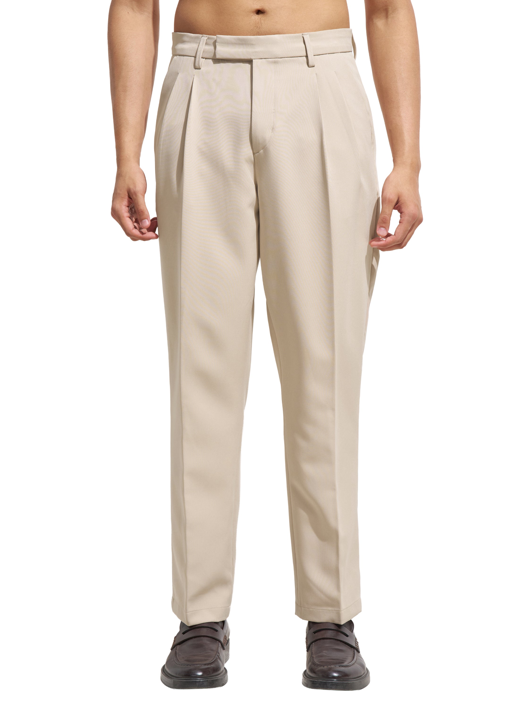 Purple By Highlander Men Beige Tapered Fit Solid Formal Trouser