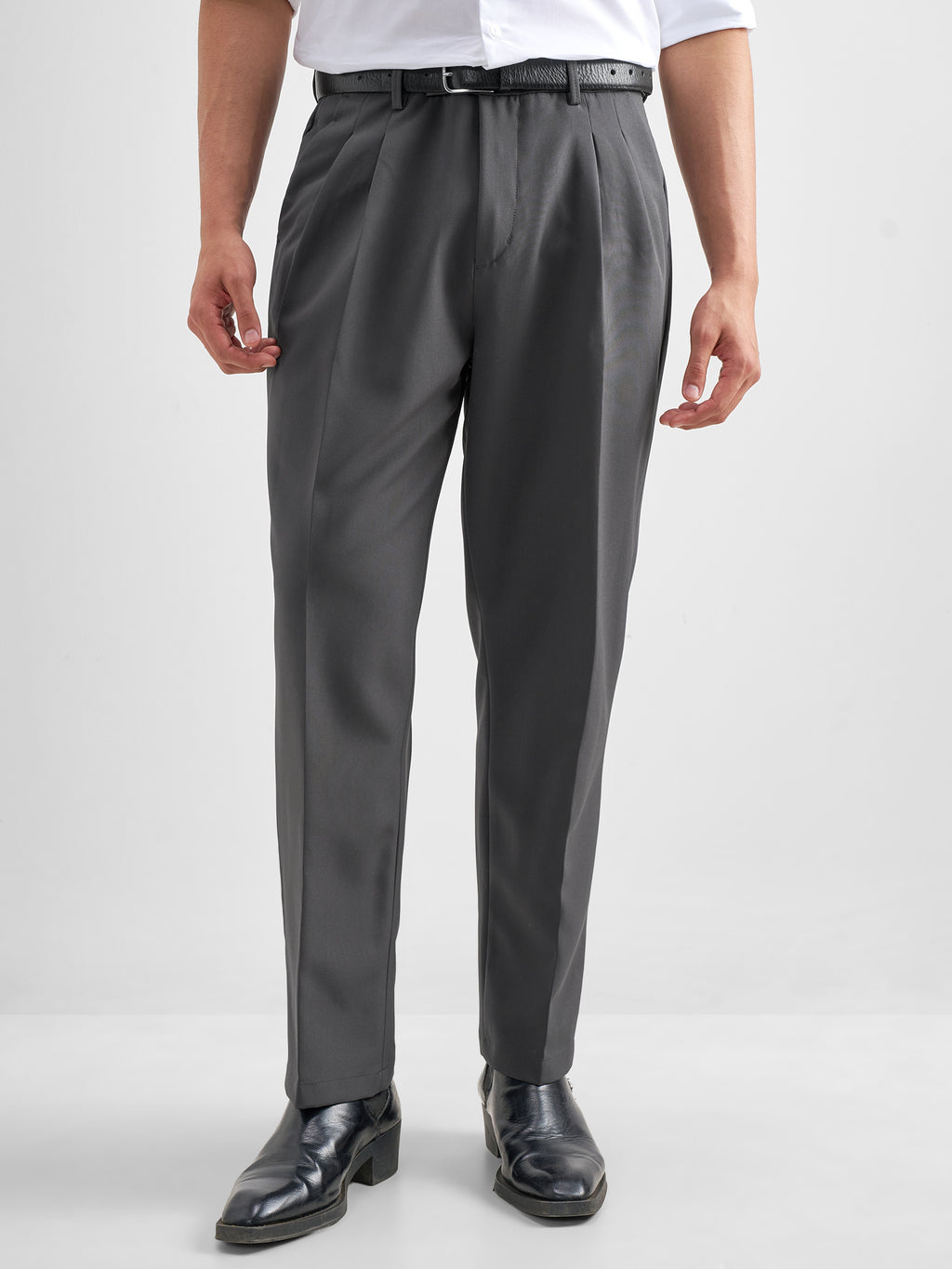 Purple By Highlander Men Grey Tapered Fit Solid Formal Trouser - Grey - Image 1
