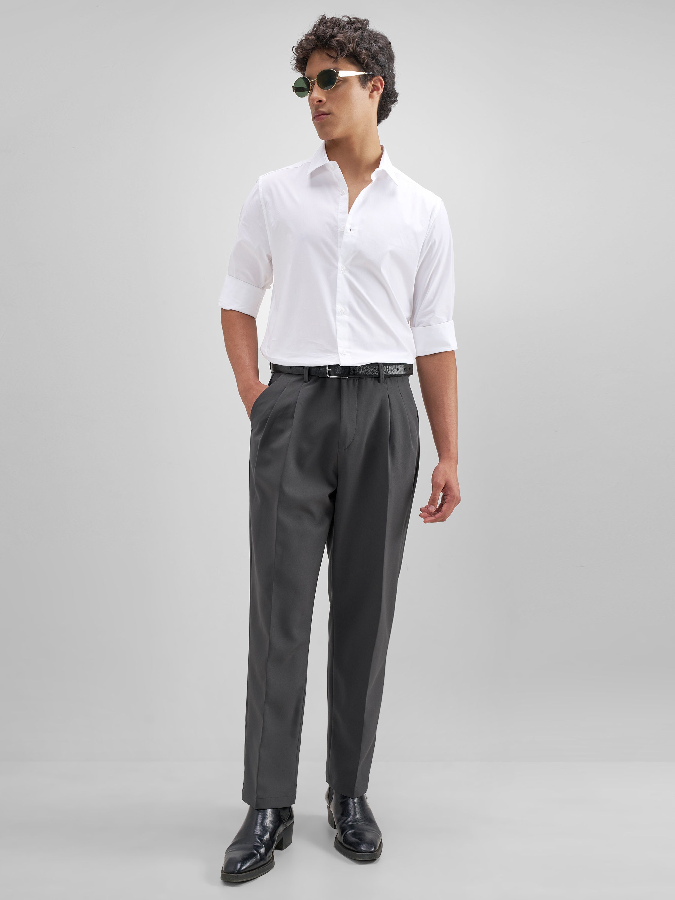 Purple By Highlander Men Grey Tapered Fit Solid Formal Trouser - Grey - Image 2