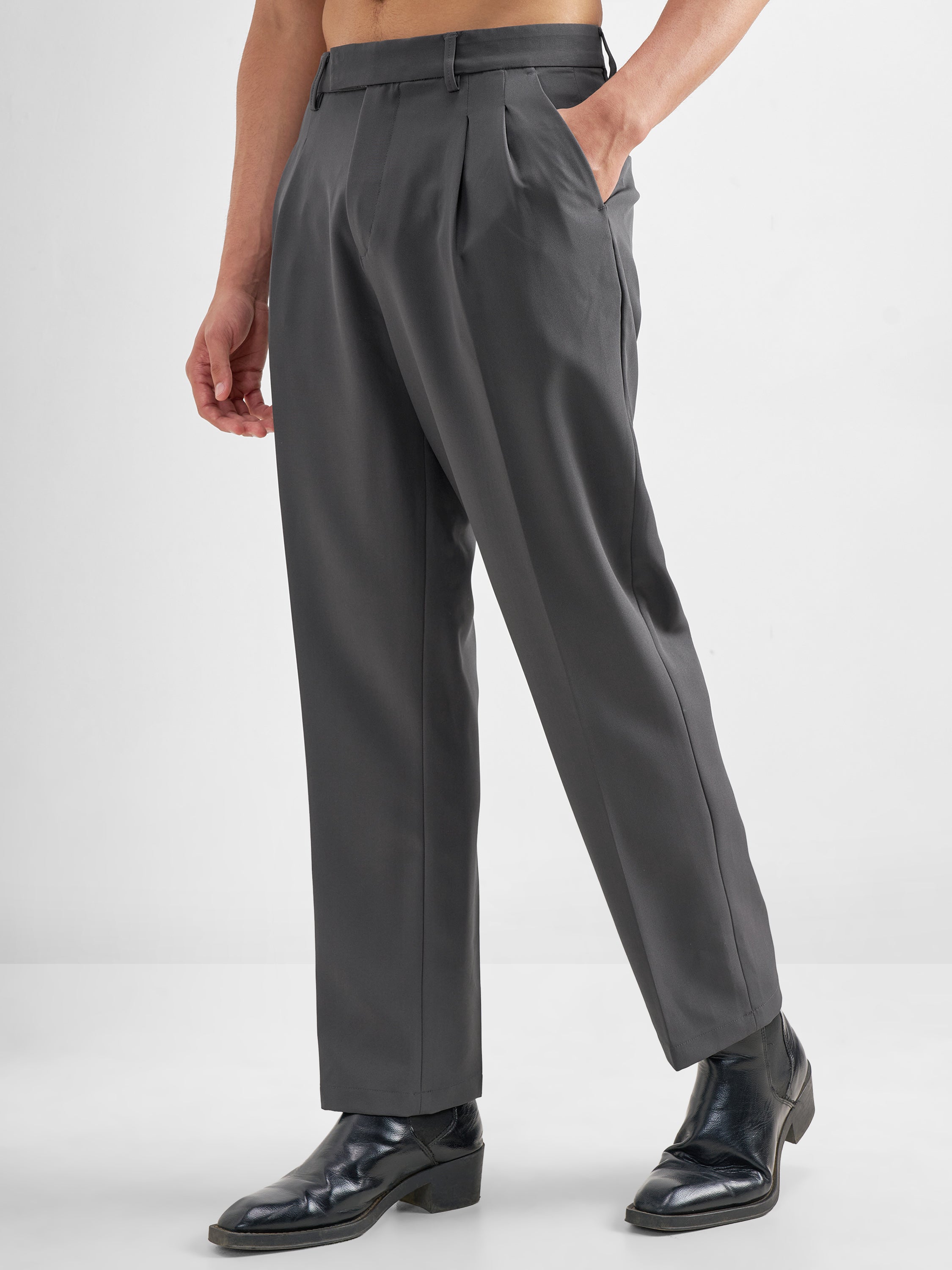Purple By Highlander Men Grey Tapered Fit Solid Formal Trouser - Grey - Image 4