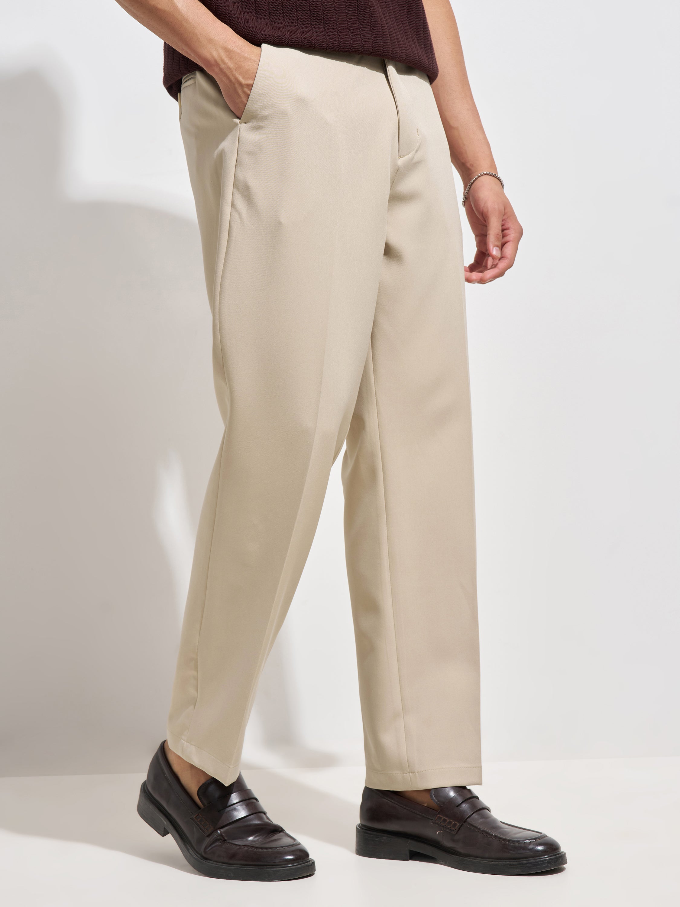 Purple By Highlander Men Beige Tapered Fit Solid Korean Pant