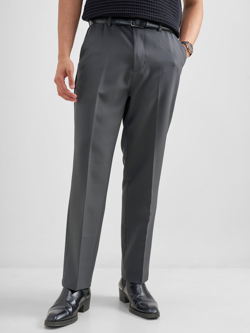 Purple By Highlander Men Grey Tapered Fit Solid Formal Trouser - Grey - Image 1