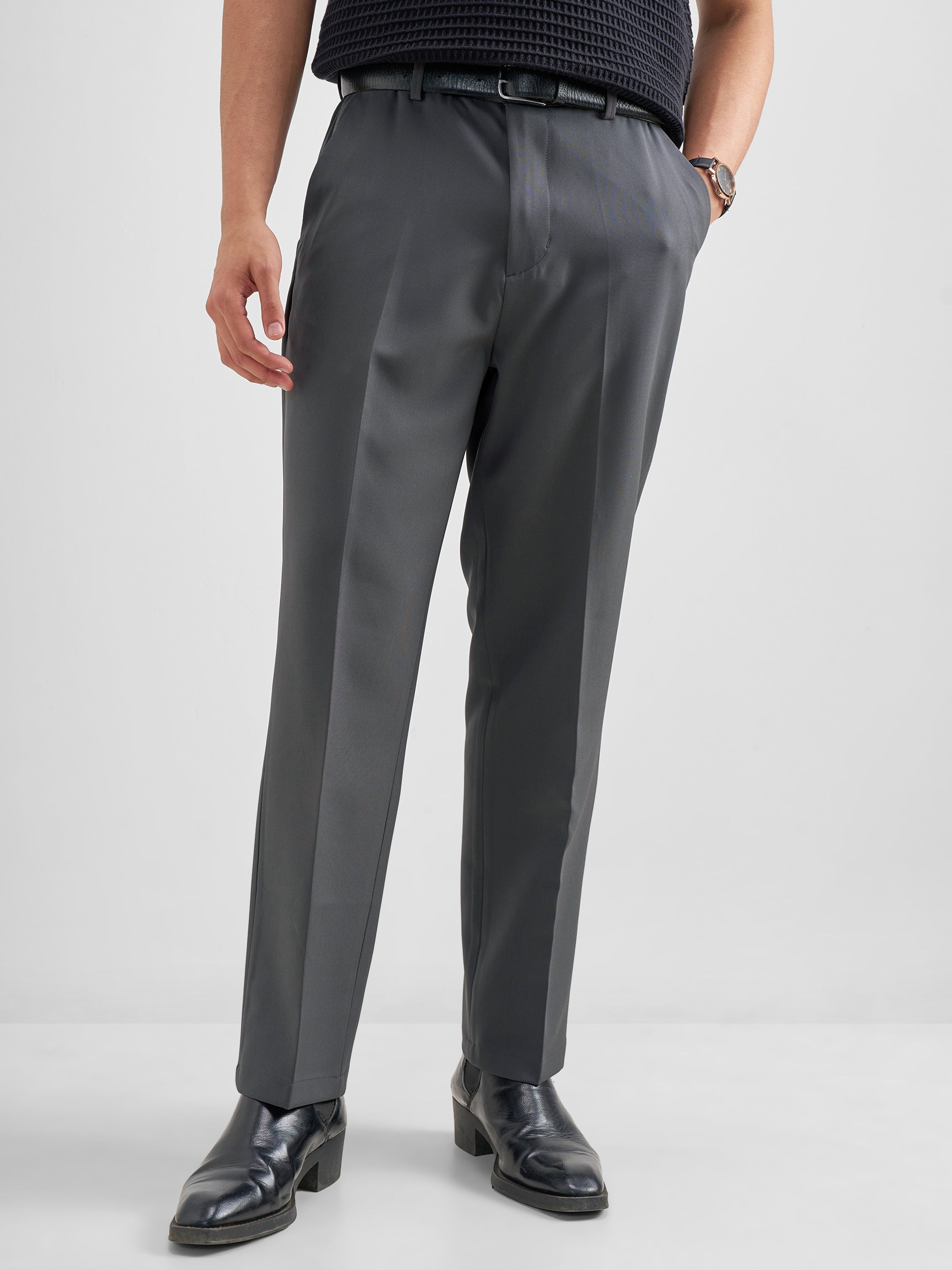 Purple By Highlander Men Grey Tapered Fit Solid Formal Trouser - Grey - Image 1