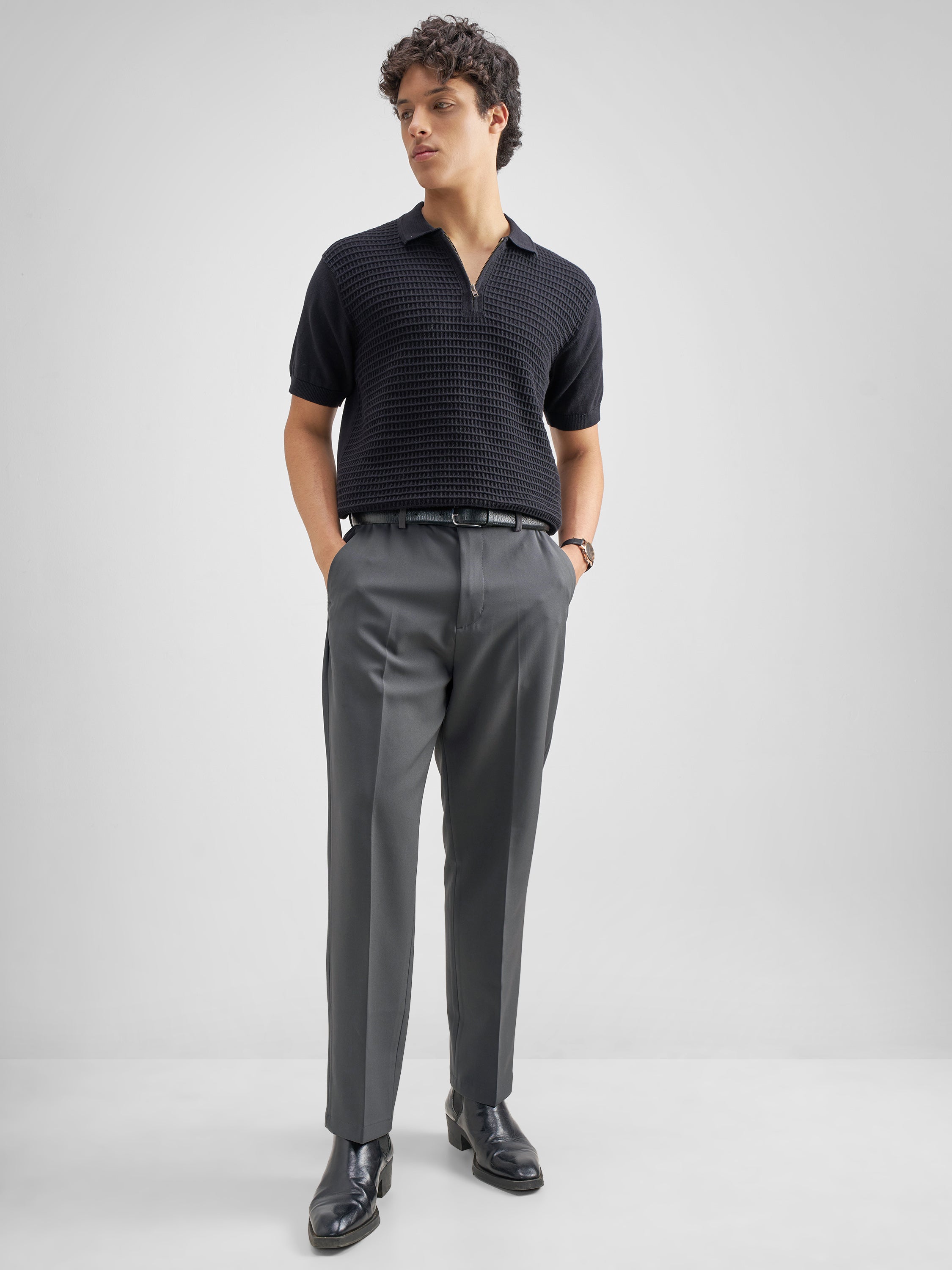 Purple By Highlander Men Grey Tapered Fit Solid Formal Trouser - Grey - Image 2