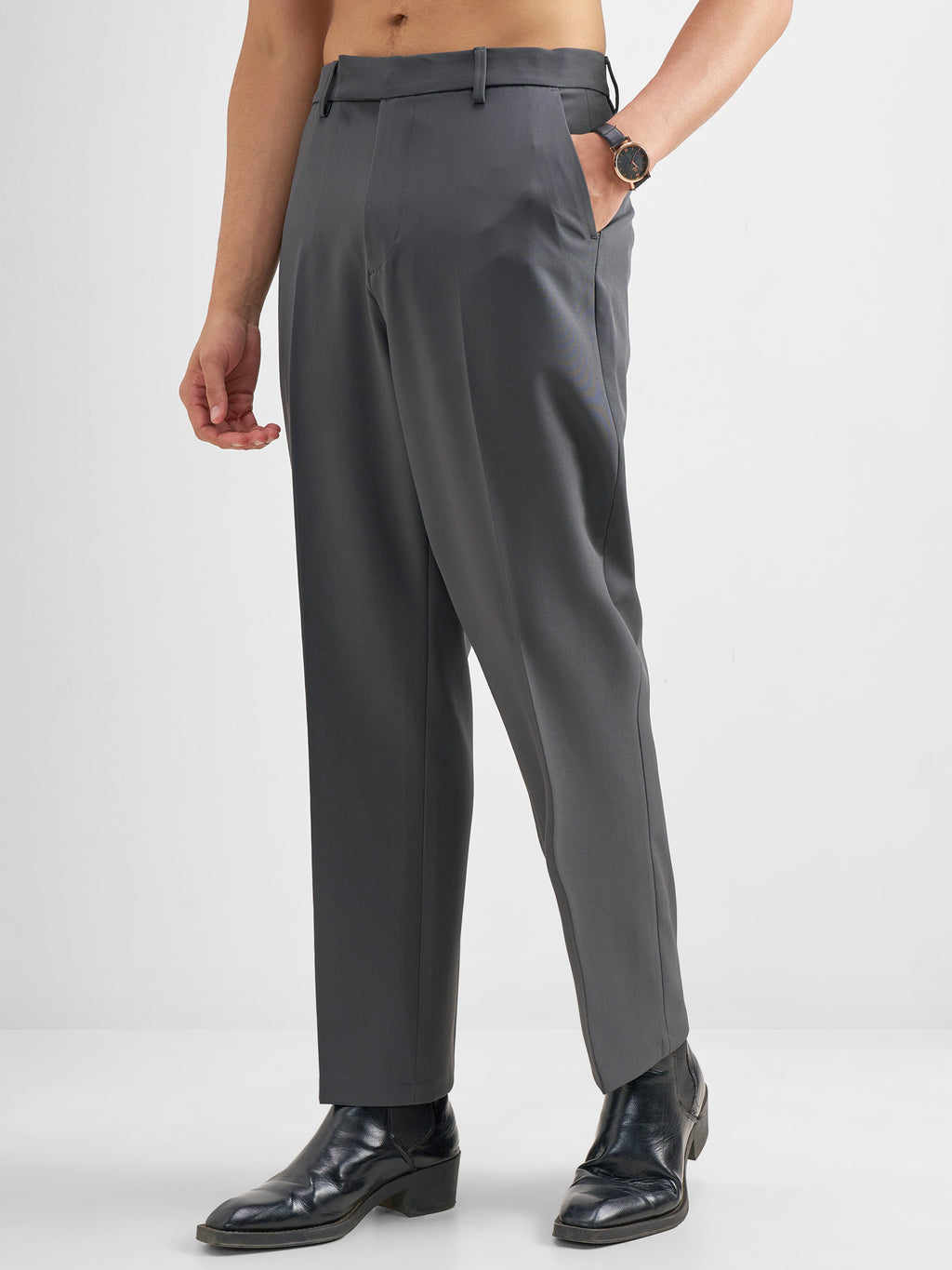 Purple By Highlander Men Grey Tapered Fit Solid Formal Trouser - Grey - Image 4
