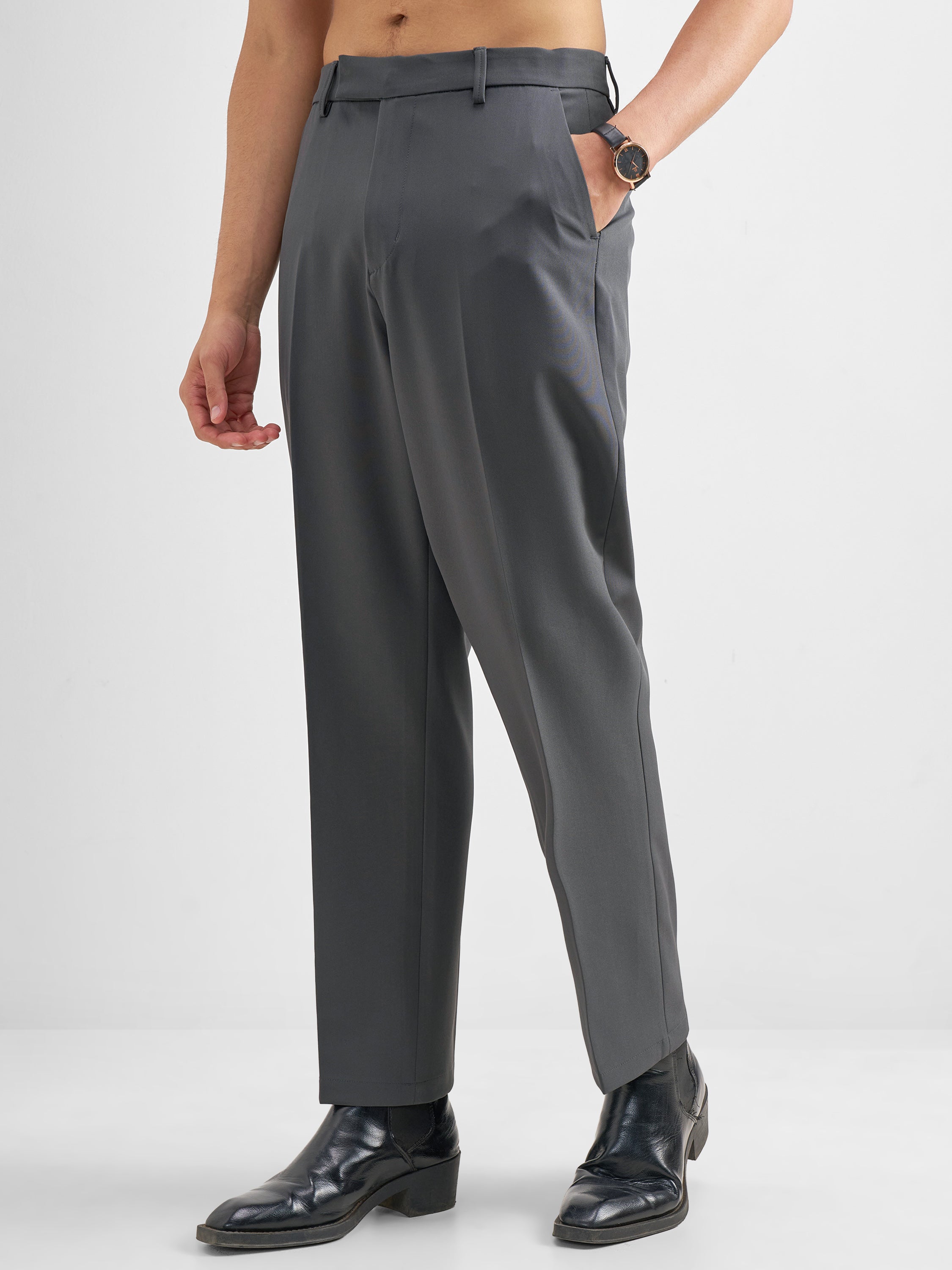 Purple By Highlander Men Grey Tapered Fit Solid Formal Trouser - Grey - Image 4