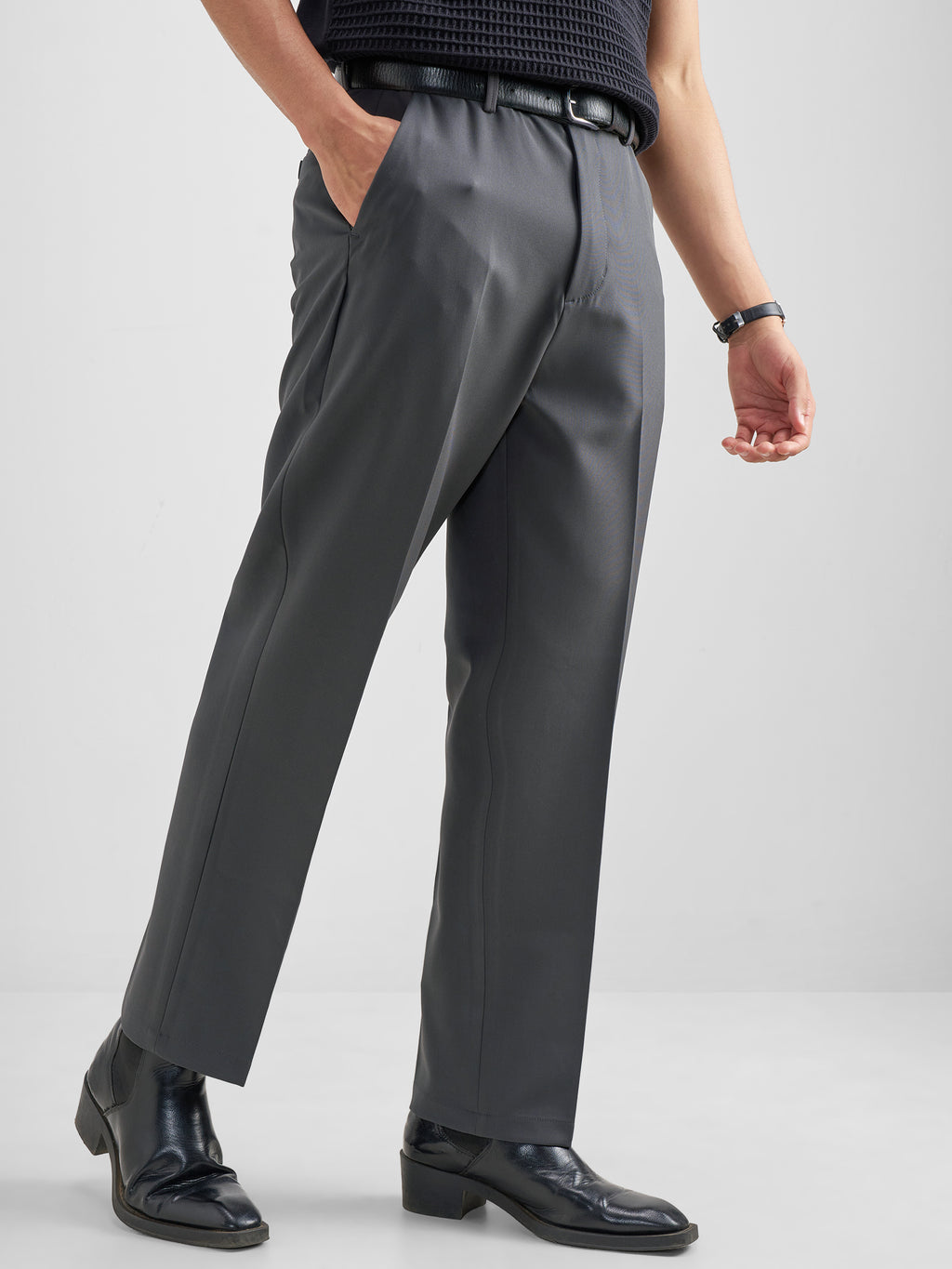 Purple By Highlander Men Grey Tapered Fit Solid Formal Trouser - Grey - Image 6