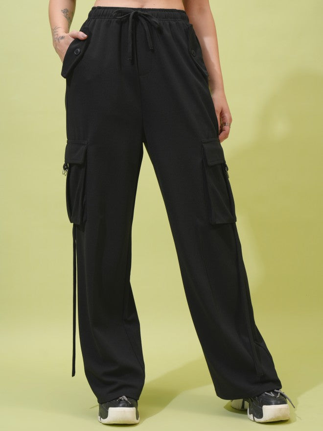 Tokyo Talkies Women Black Solid Straight Fit Cargos - Black - Image 1