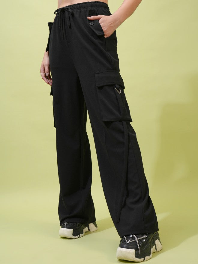 Tokyo Talkies Women Black Solid Straight Fit Cargos - Black - Image 4