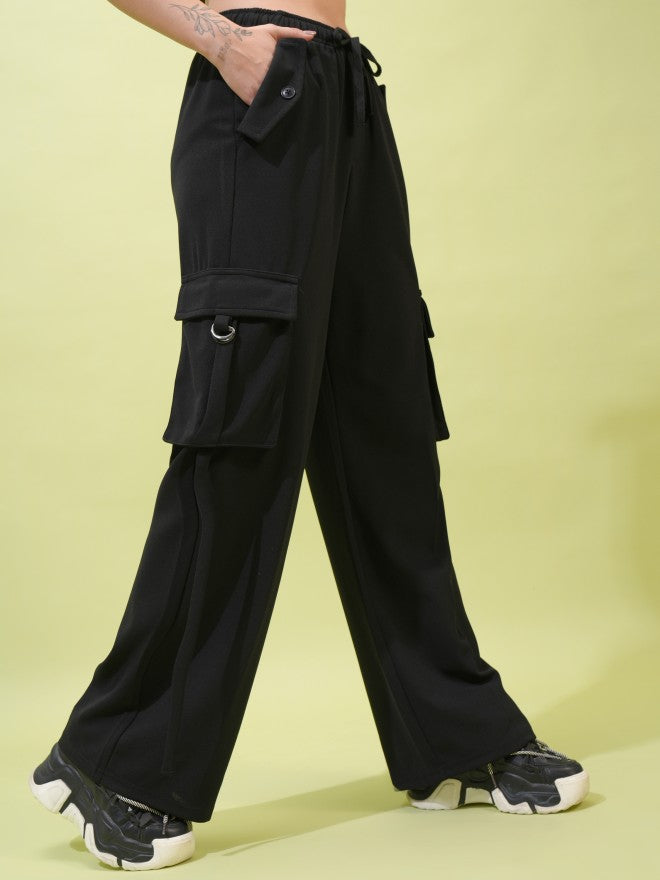 Tokyo Talkies Women Black Solid Straight Fit Cargos - Black - Image 6